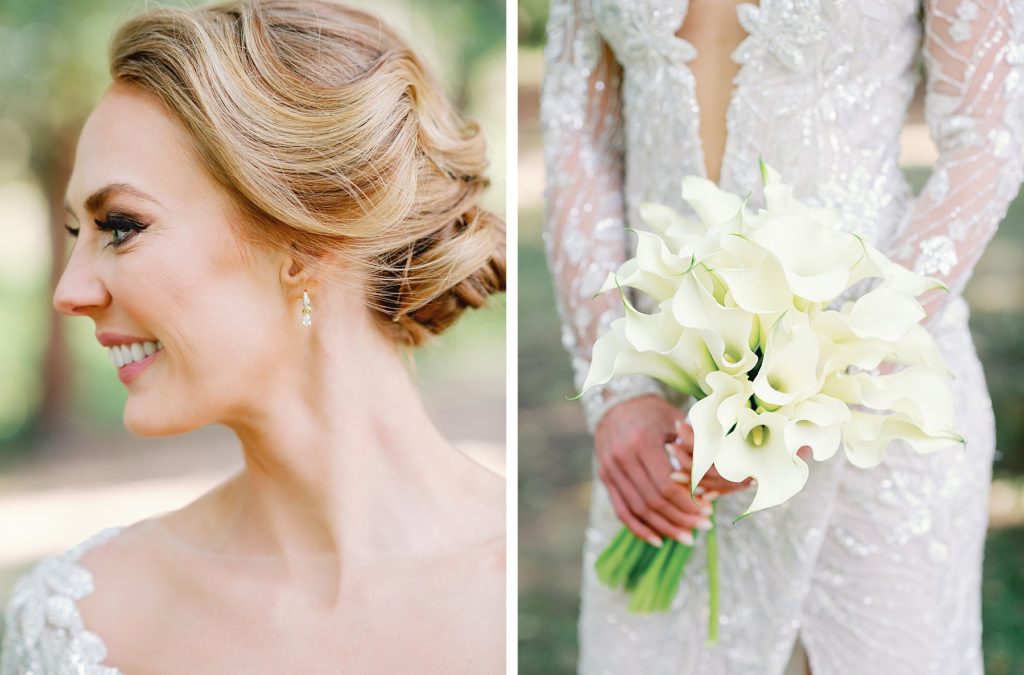 Bride wearing classic updo, simple gold earrings, and carrying a bouquet of white calla lilies 