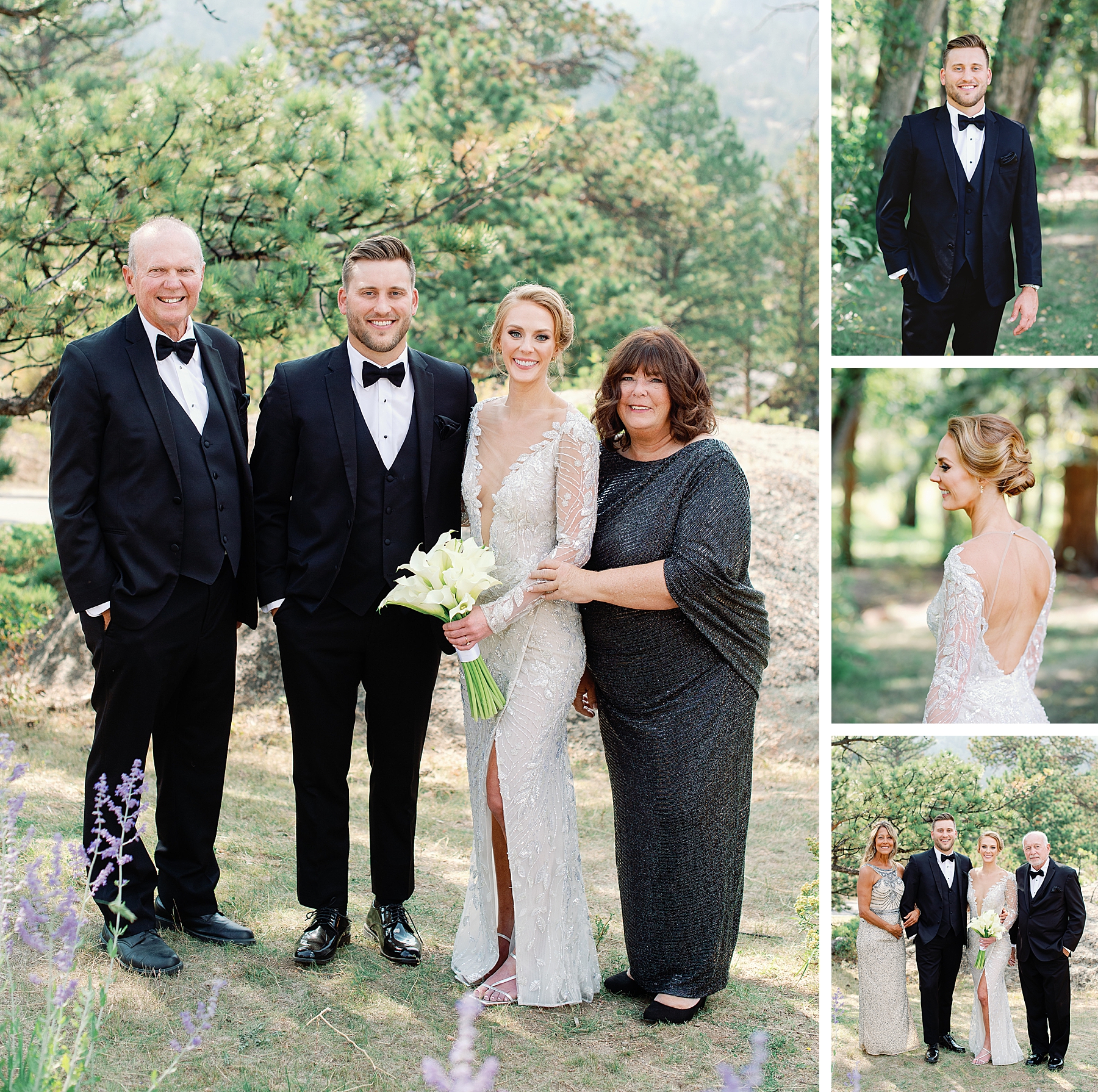 Bride and groom with parents and individual portraits at The Boulders at Black Canyon Inn