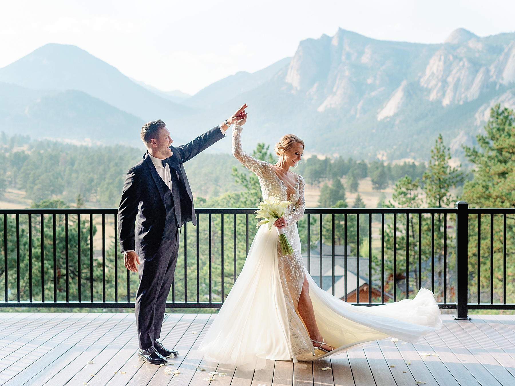 Bride and groom dancing on patio of The Boulders at Black Canyon Inn