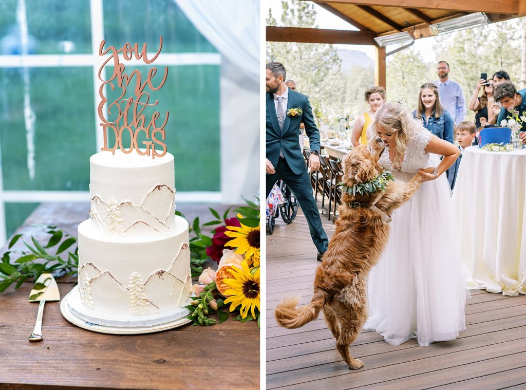 Wedding cake topper that says you me and the dogs | Bride having first dance with dog at wedding reception in Colorado