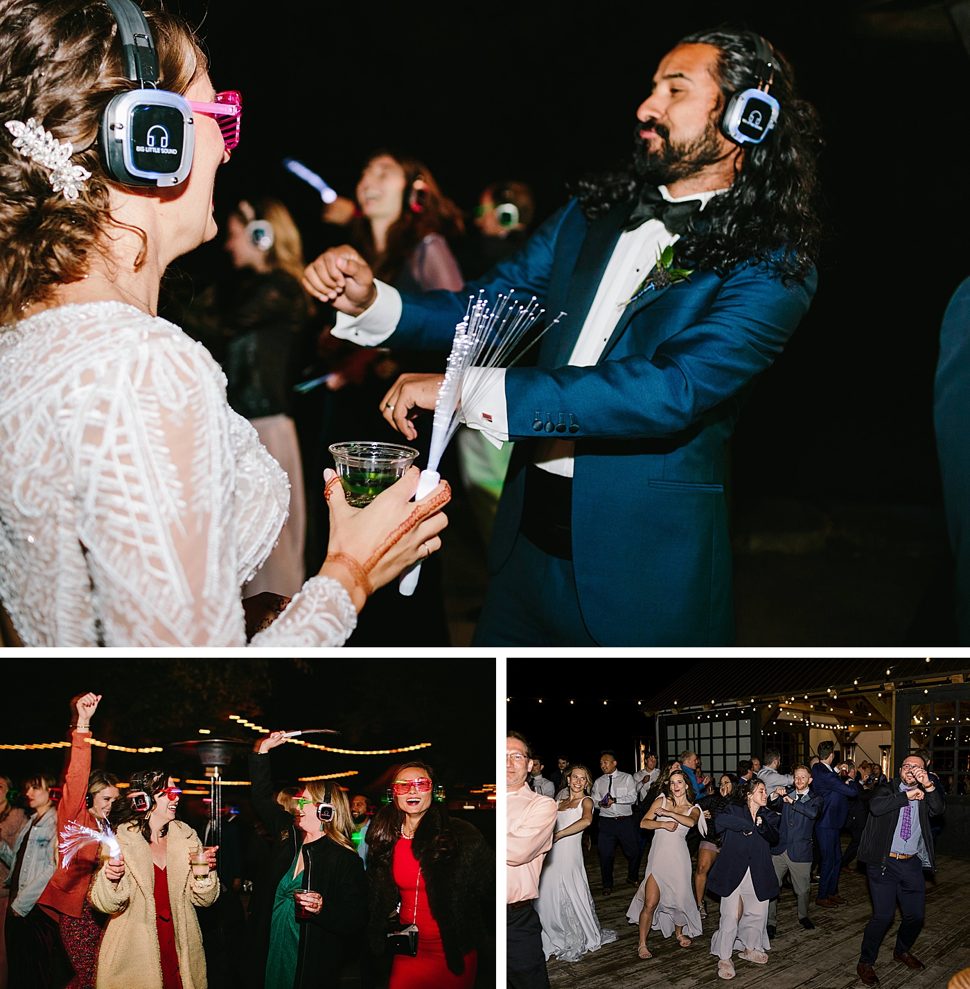 Bride and groom with headphones on dancing at silent disco | guests dancing with headphones on at wedding reception | weddings guests dancing at reception | McArthur Weddings and Events