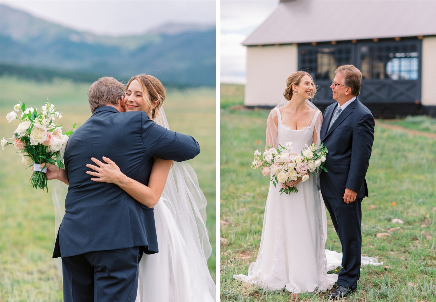 Bride hugging father after first look | bride and father looking at each other before ceremony | McArthur Weddings and Events