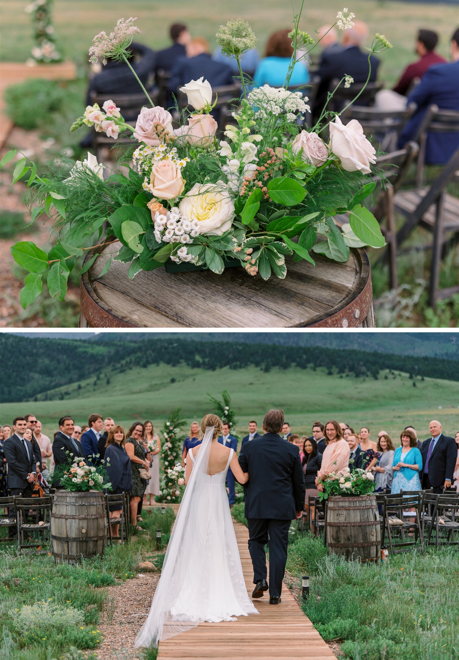 Pink and green floral arrangement on top of wine barrel | bride and father walking down aisle at Three Peaks Ranch | McArthur Weddings and Events