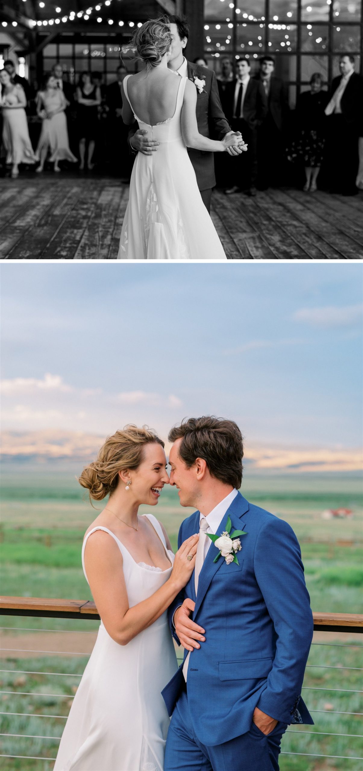 Bride and groom dancing outdoors at Three Peaks Ranch | bride and groom looking at each other at sunset  
