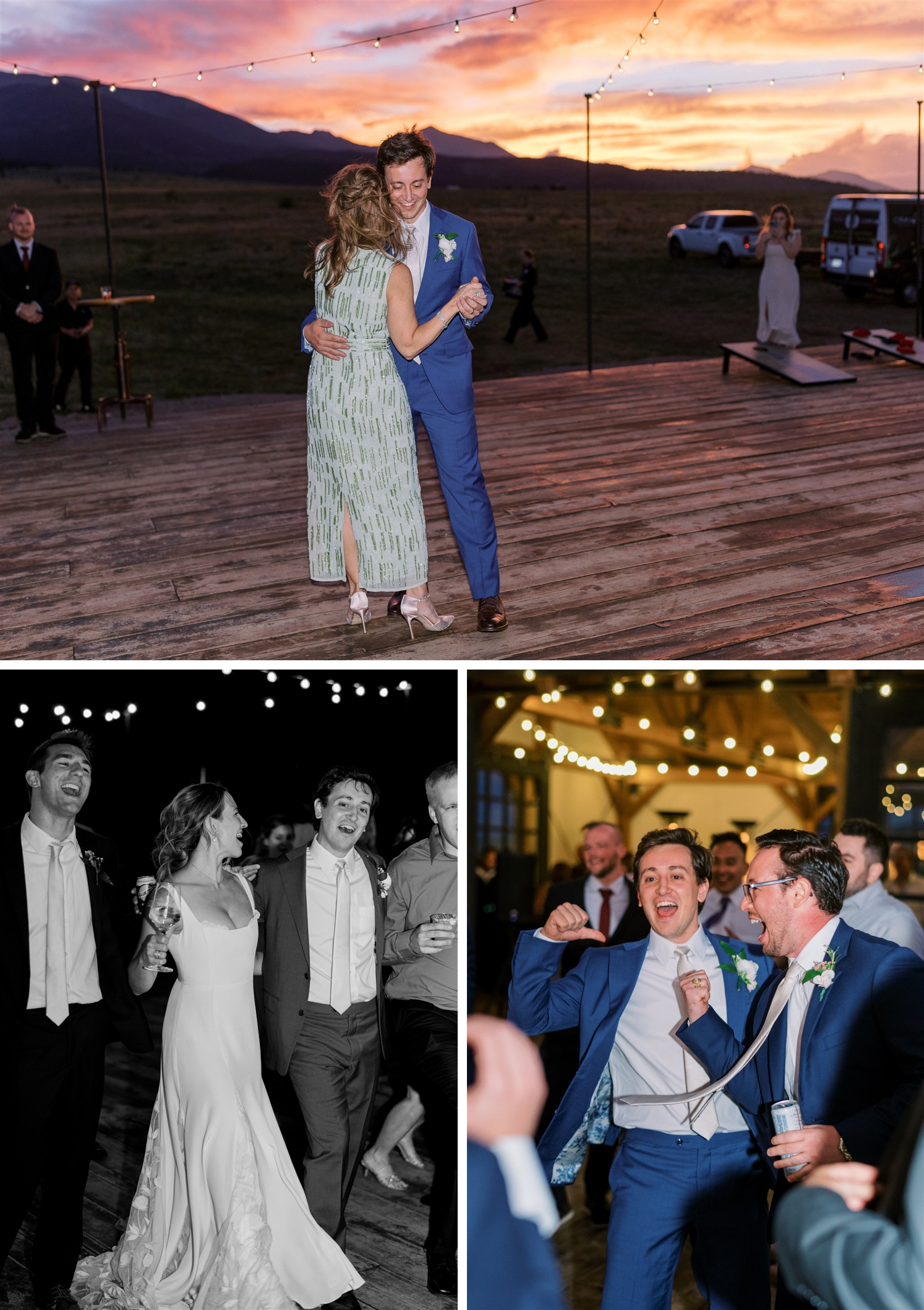 Dancing under sunset at Three Peaks Ranch | Bride and groom dancing with guests | groom dancing with friends | McArthur Weddings and Events
