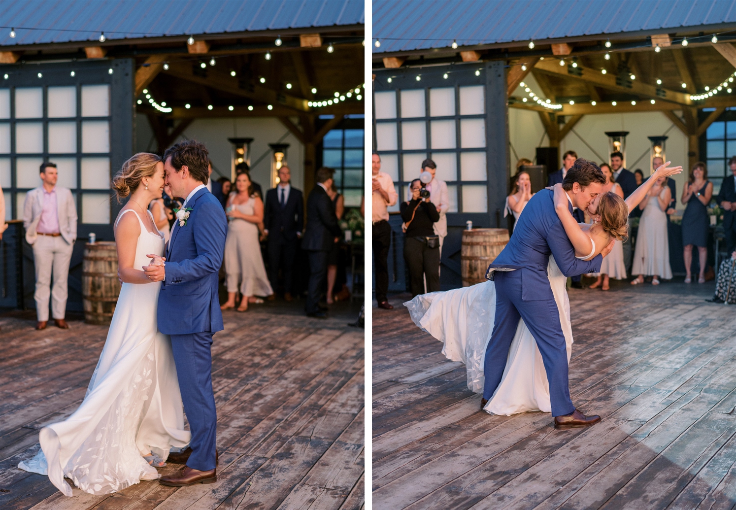 Couple’s first dance at Three Peaks Ranch | groom dipping bride after first dance | McArthur Weddings and Events