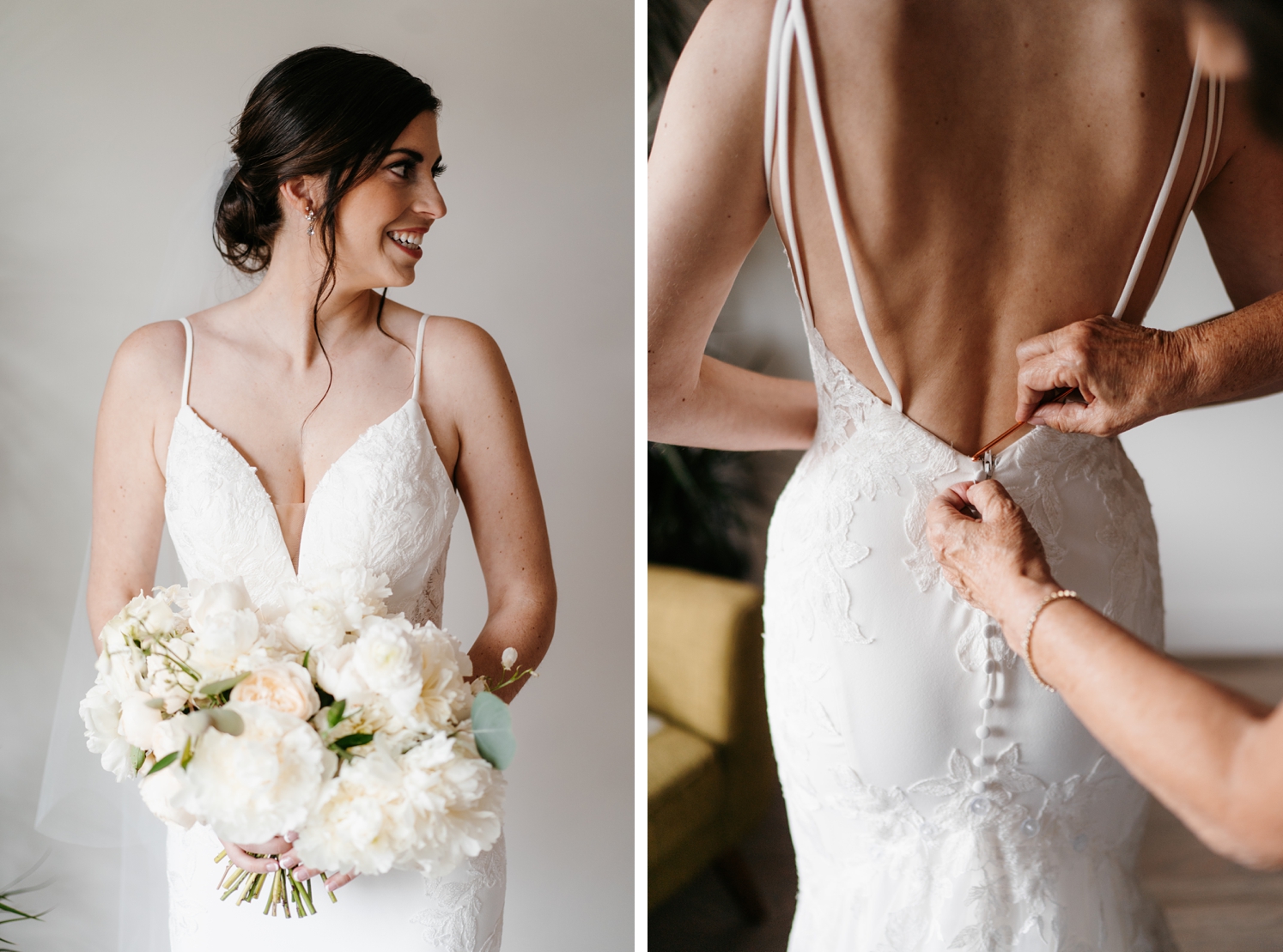 Bride holding bouquet of white peonies wearing lace fit and flare gown with a deep v-neck | White lace wedding dress with low cut back | McArthur Weddings and Events