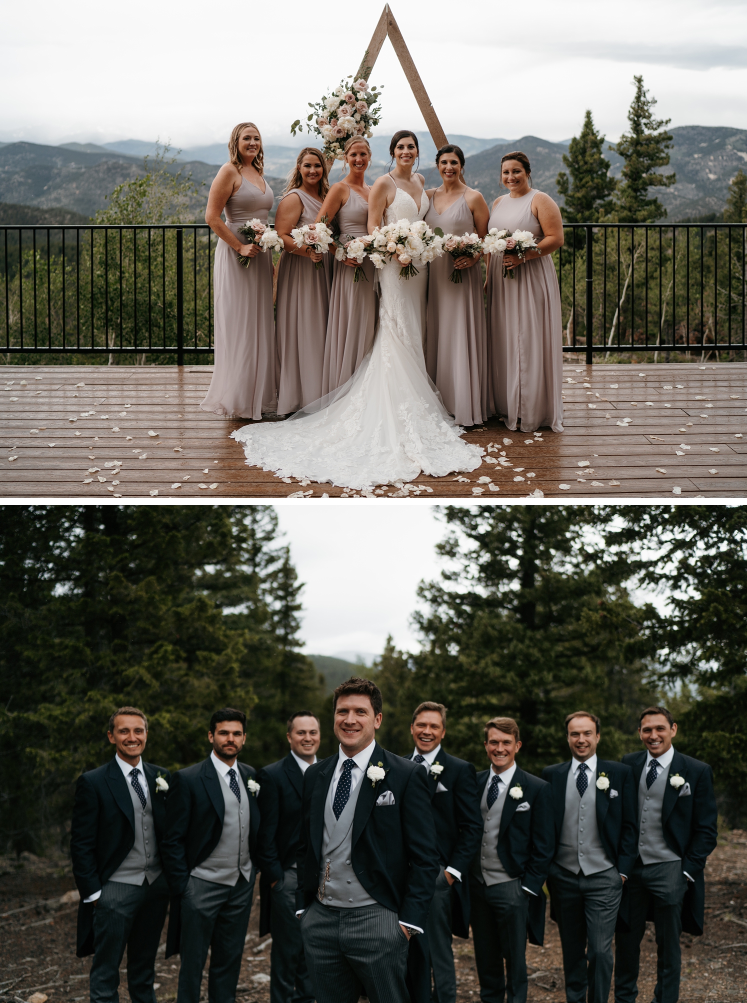 Bride with bridesmaids light gray dresses and carrying bouquets of peonies | Groom and groomsmen wearing morning suits | McArthur Weddings and Events
