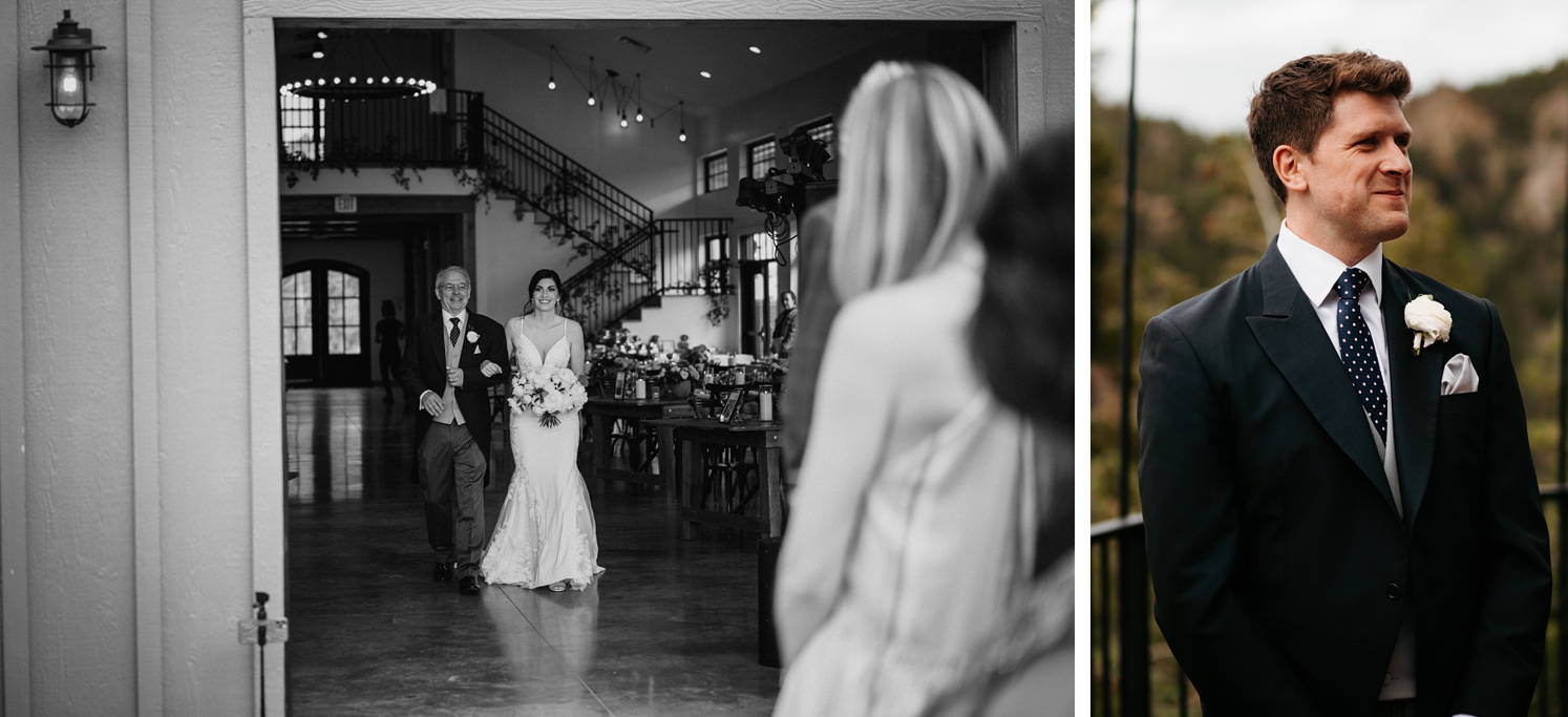 Bride and father walking down aisle at North Star Gatherings wedding | groom watching bride walk down aisle | McArthur Weddings and Events