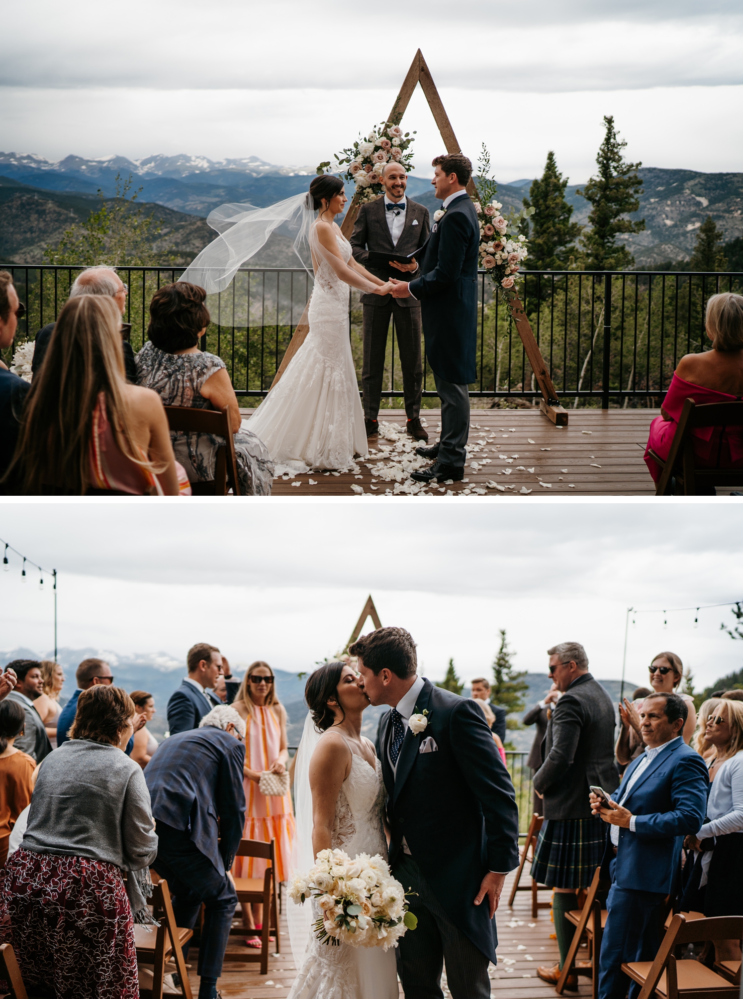 Bride and groom exchanging vows in front of triangle arch | bride and groom kissing after ceremony at North Star Gatherings | McArthur Weddings and Events