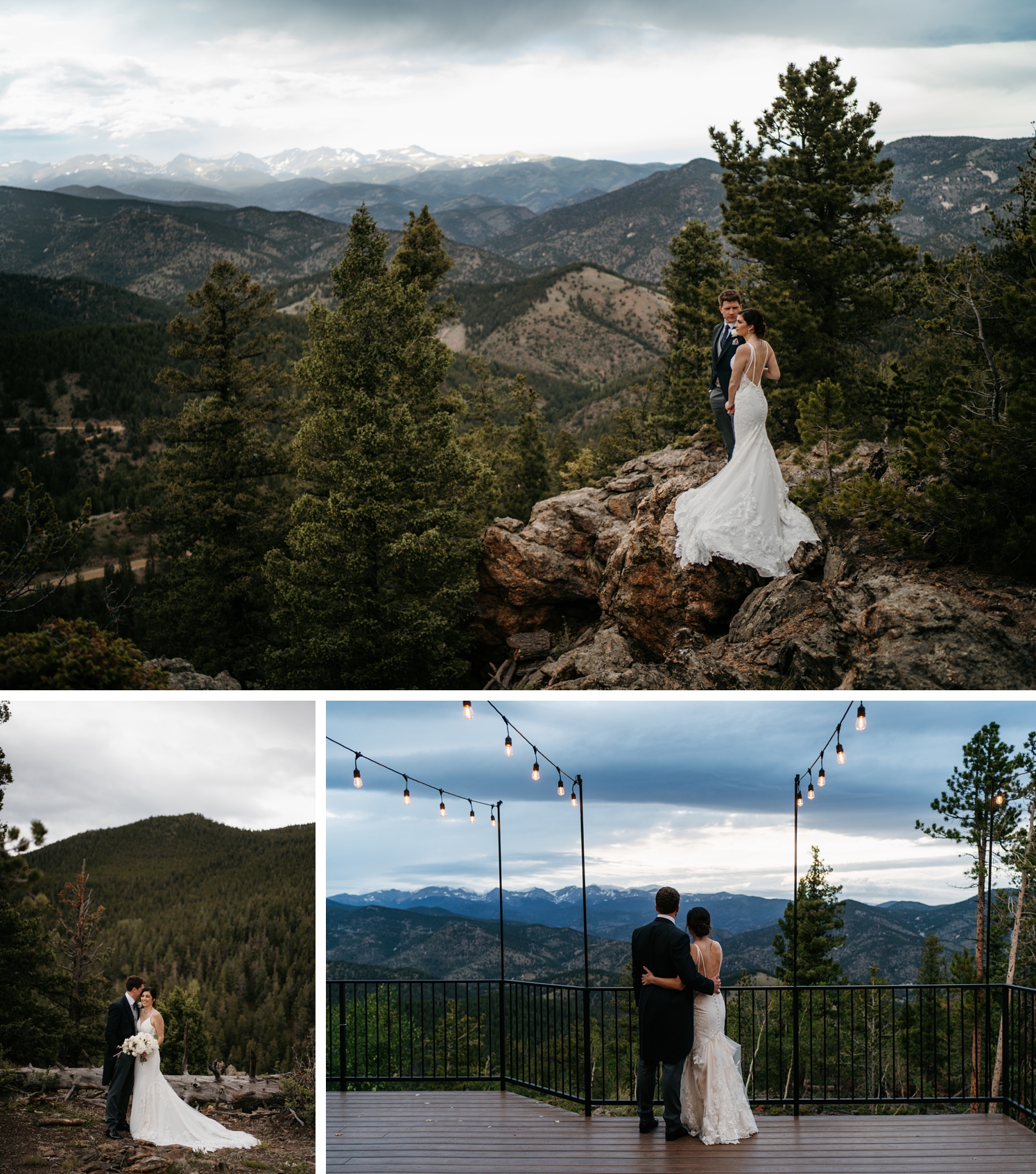 Bride and groom posing in front of mountains at North Star Gatherings | bride and groom posing in front of trees | bride and groom standing on deck overlooking mountains at North Star Gatherings | McArthur Weddings and Events
