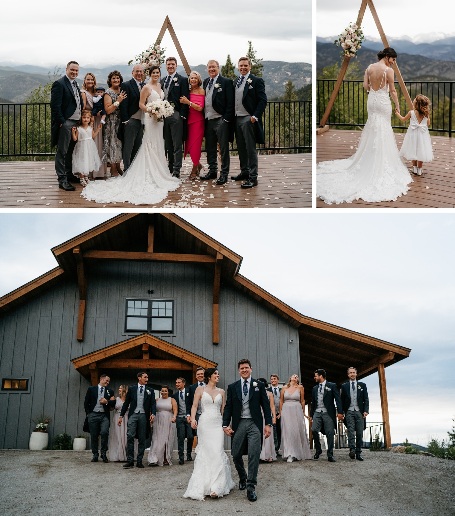 Bride and groom posing with family on ceremony deck at North Star Gatherings | bride holding hands with flower girl | Wedding party walking in front of North Star Gatherings | McArthur Weddings and Events