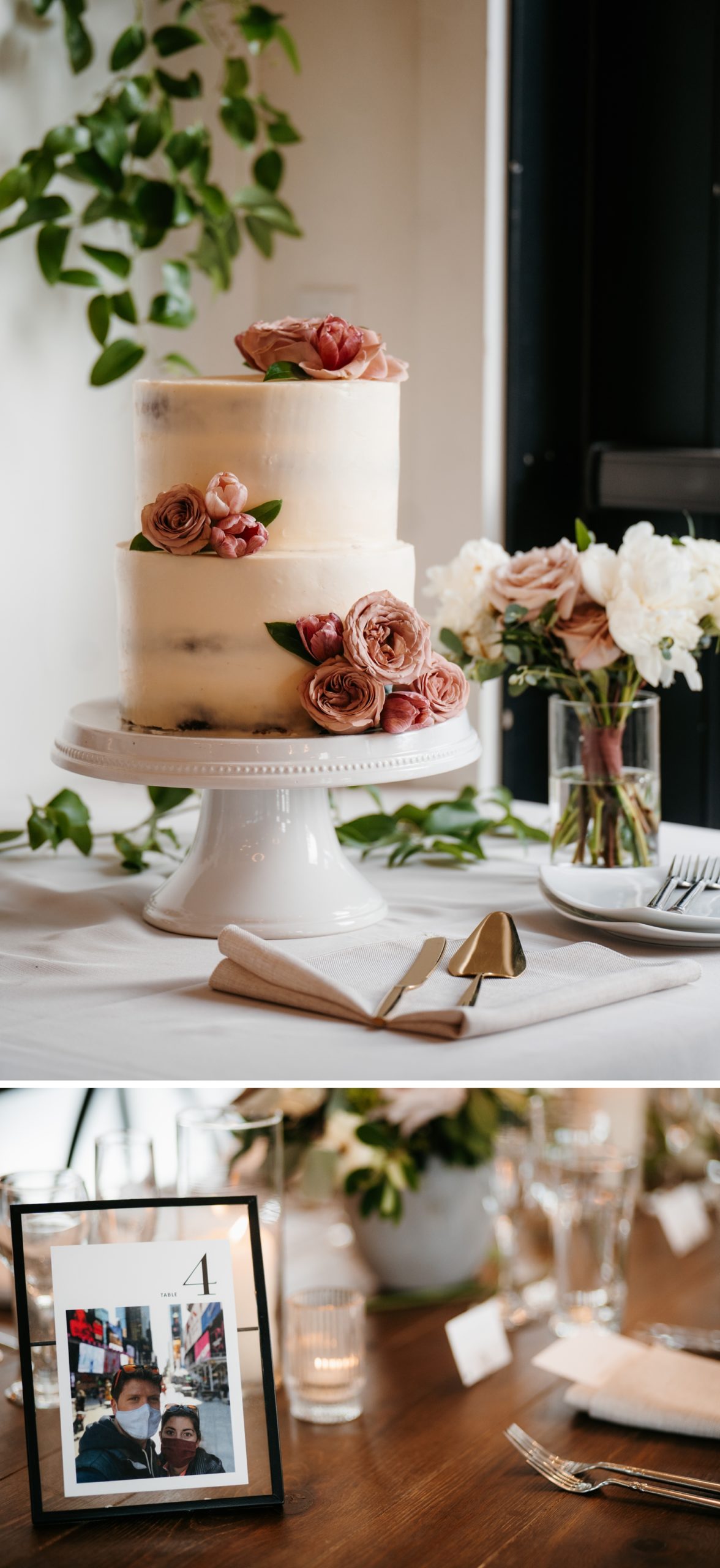 Pink ranunculus on two tier wedding cake | couple's picture as table numbers at wedding reception | McArthur Weddings and Events