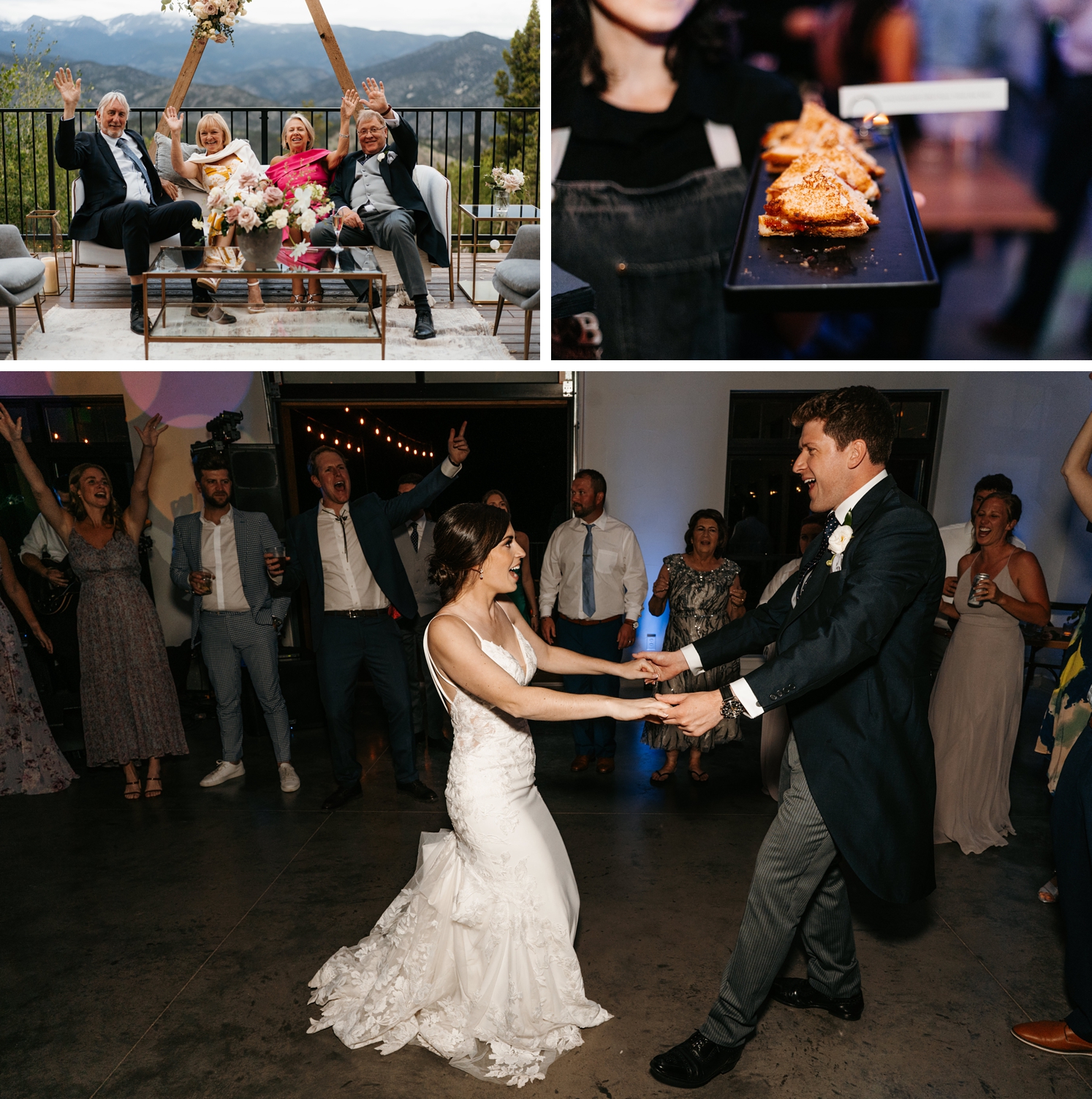 Wedding guests sitting on lounge set at North Star Gatherings | late night grilled cheese at wedding reception | bride and groom dancing at wedding reception at North Star Gatherings | McArthur Weddings and Events