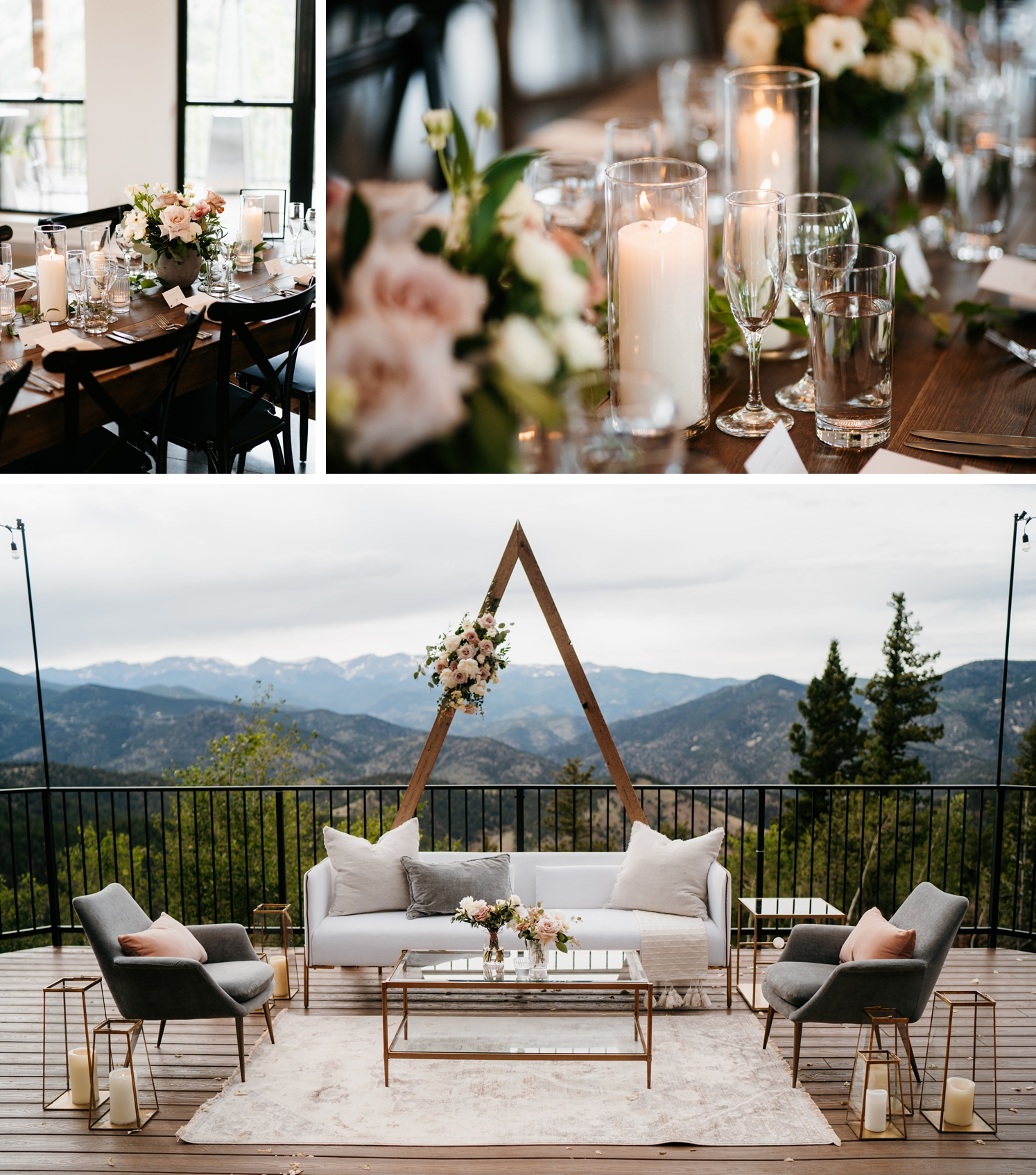White candles and pink flower arrangements on reception tables at North Star Gatherings | white candles and crystal glasses on reception table | triangle arch and lounge set on deck at North Star Gatherings | McArthur Weddings and Events