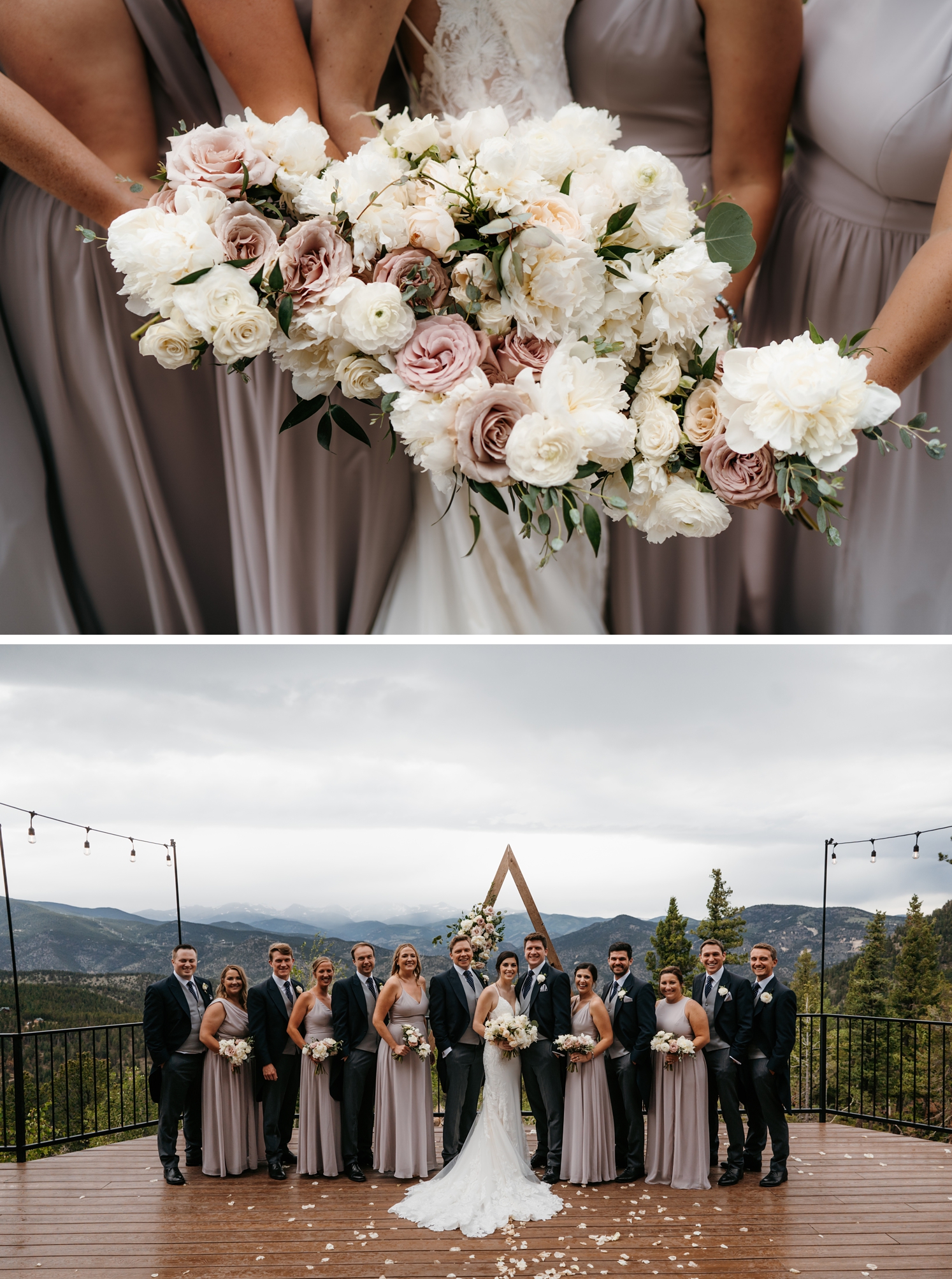 Bride and bridesmaids holding bouquets of white and pink peonies and roses | Wedding party standing on deck at North Star Gatherings wedding | McArthur Weddings and Events