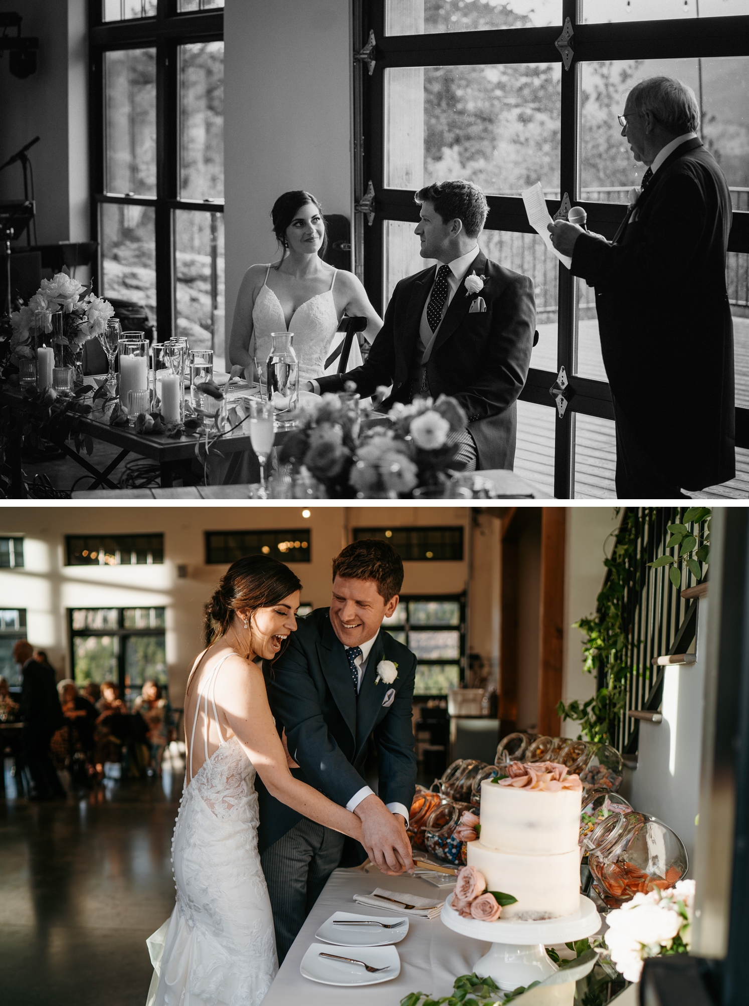 Bride looking at father during speech | bride and groom cutting cake at North Star Gatherings reception | McArthur Weddings and Events