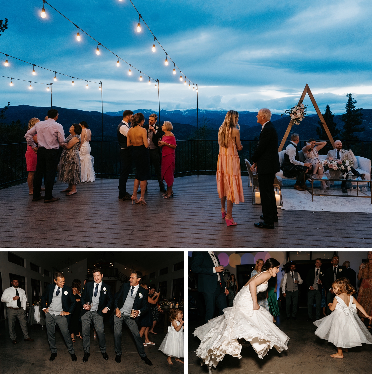 Wedding guests standing on deck overlooking mountains at North Star Gatherings | Groom and groomsmen dancing at reception | bride dancing with flower girl | McArthur Weddings and Events