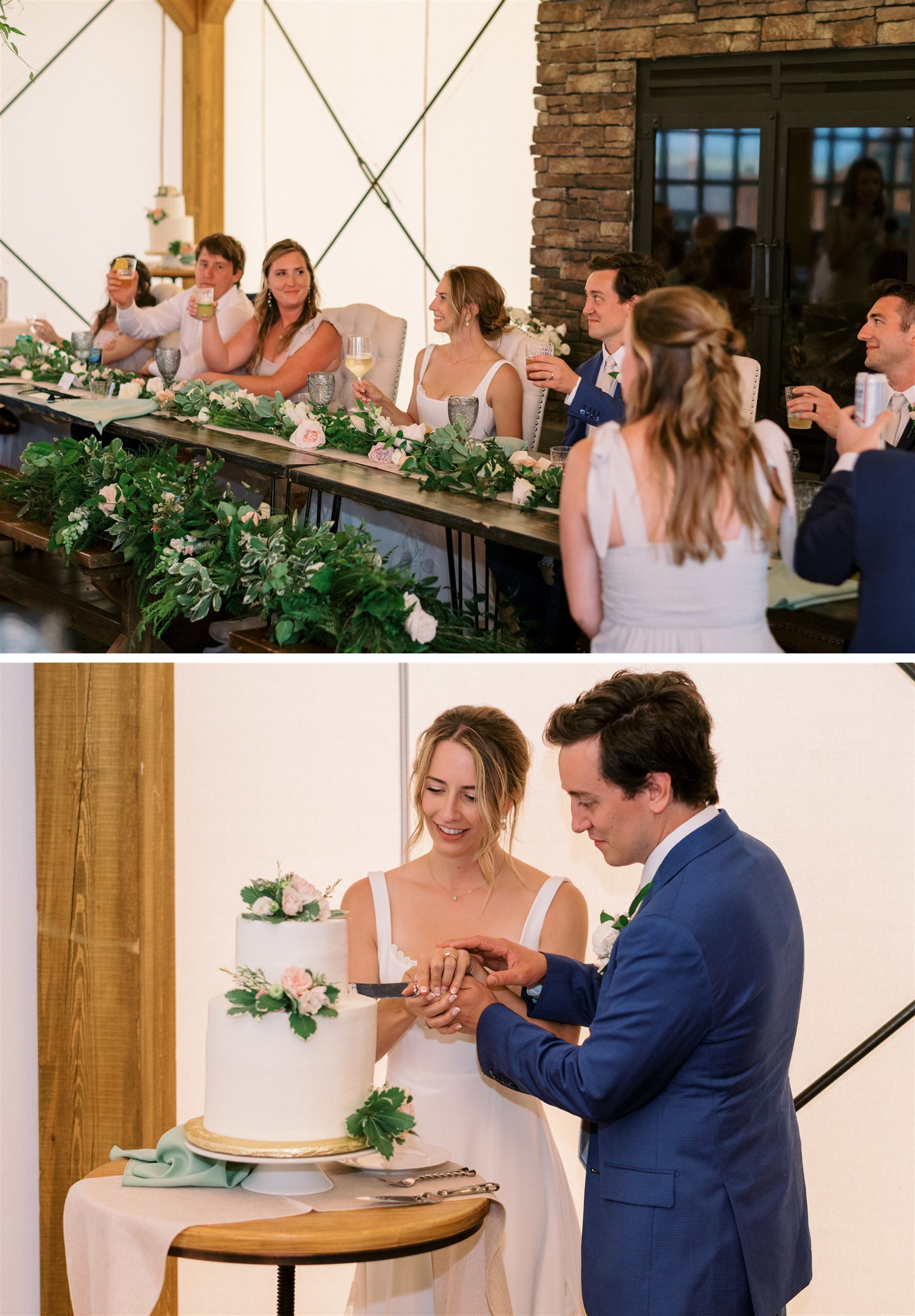 Wedding party lifting glasses during toast | bride and groom cutting cake at Three Peaks Ranch | McArthur Weddings and Events