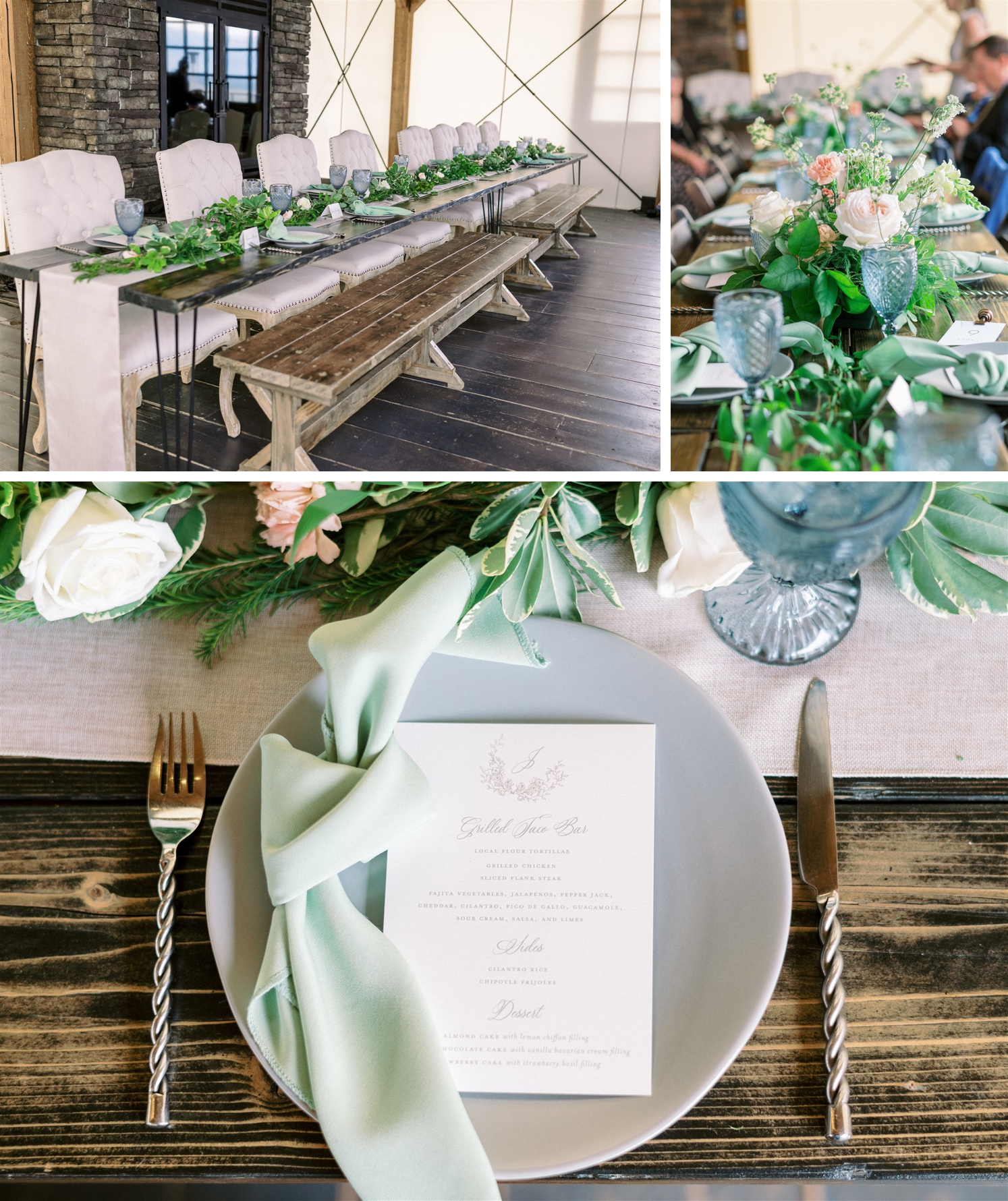 Head table with green garland runner and tufted chairs | pink and green floral arrangements with pale blue vintage glasses | table setting of light gray plate with pale green napkins and light blue vintage glass | McArthur Weddings and Events