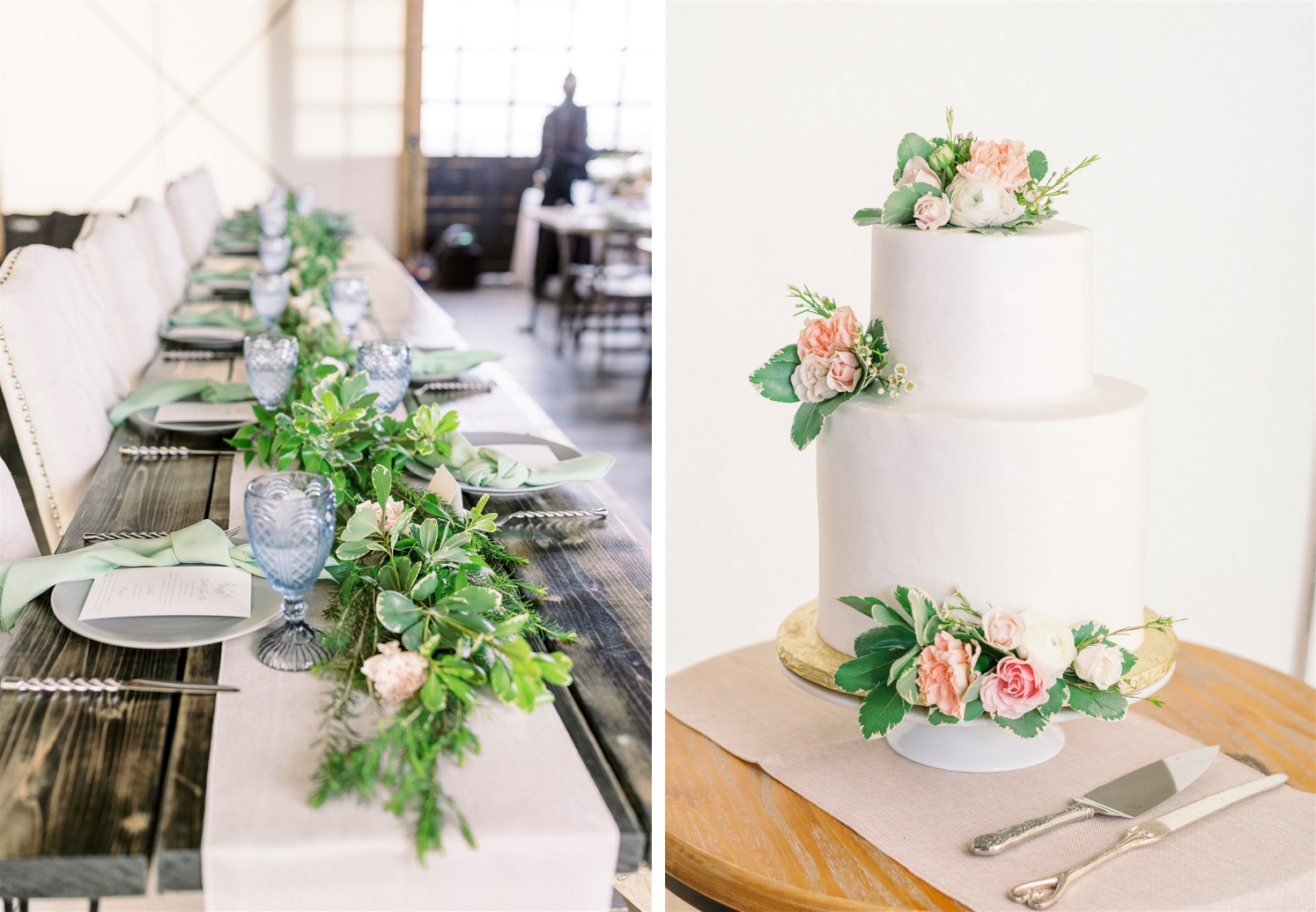 Greenery placed down middle of table on top of pale pink table runner | two tier white wedding cake with pale pink flowers | McArthur Weddings and Events