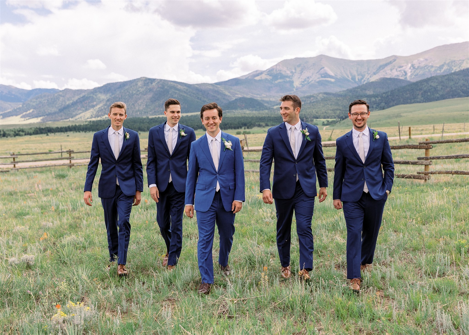 Groom and groomsmen in blue suits at Three Peaks Ranch | McArthur Weddings and Events