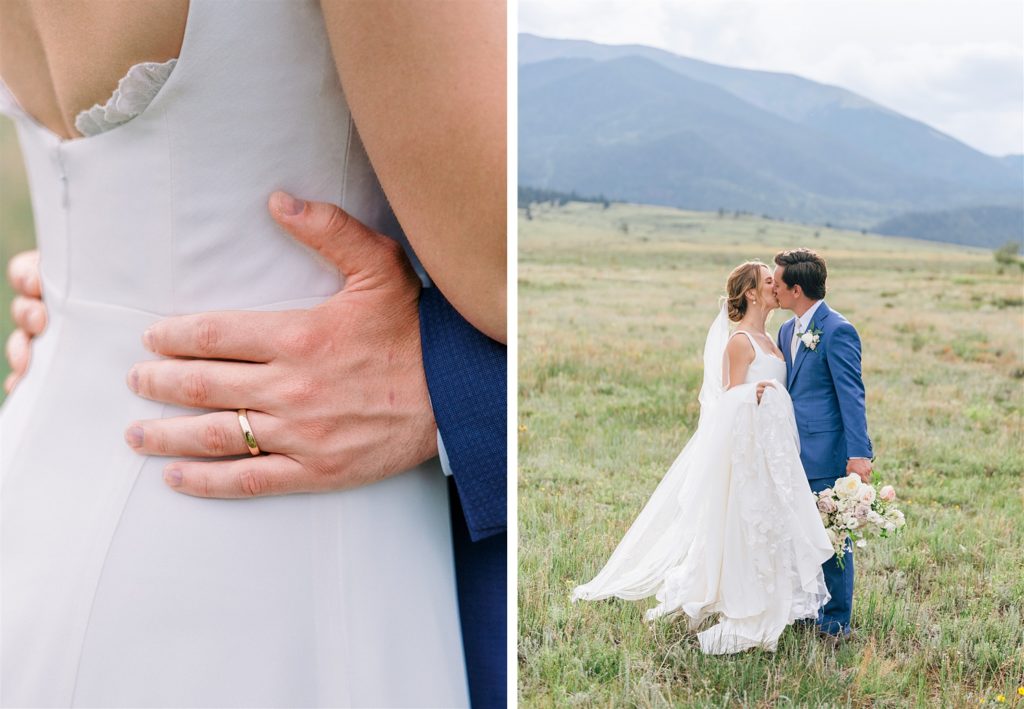 Groom’s hand on brides back with wedding ring in view | groom holding bouquet while couple kisses | McArthur Weddings and Events