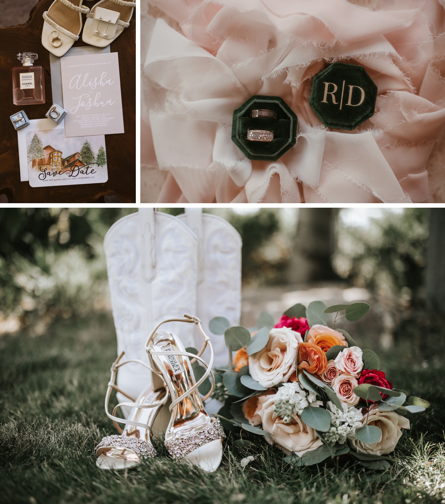 Bride's rings, jewelry, perfume, shoes, and invitation details shot | wedding rings in green box nested in pink fabric | bride's ceremony and reception shoes and wedding bouquet | McArthur Weddings and Events
