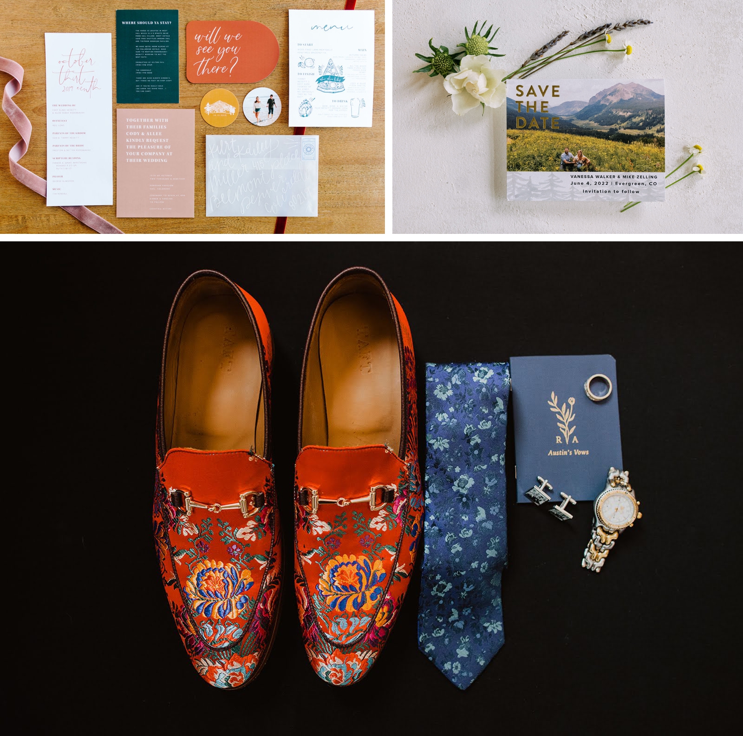 Modern, colorful wedding invitation suite and stationery | Colorado mountain save the date | custom vow book with groom's red floral shoes, blue floral tie, and cuff links | McArthur Weddings and Events