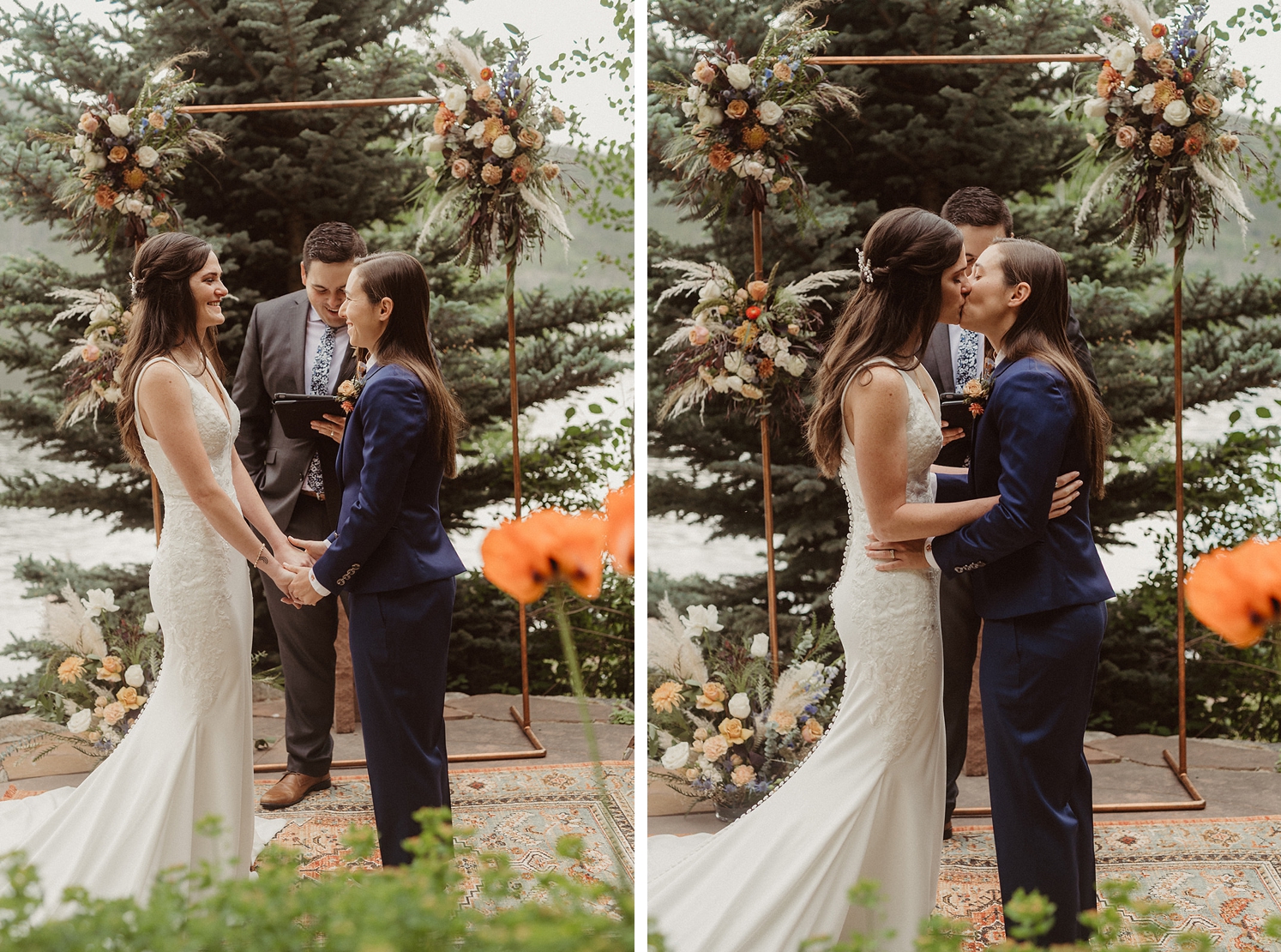 Partners smiling at each other during Colorado Airbnb wedding ceremony | partners kissing at Colorado Airbnb wedding ceremony | McArthur Weddings and Events