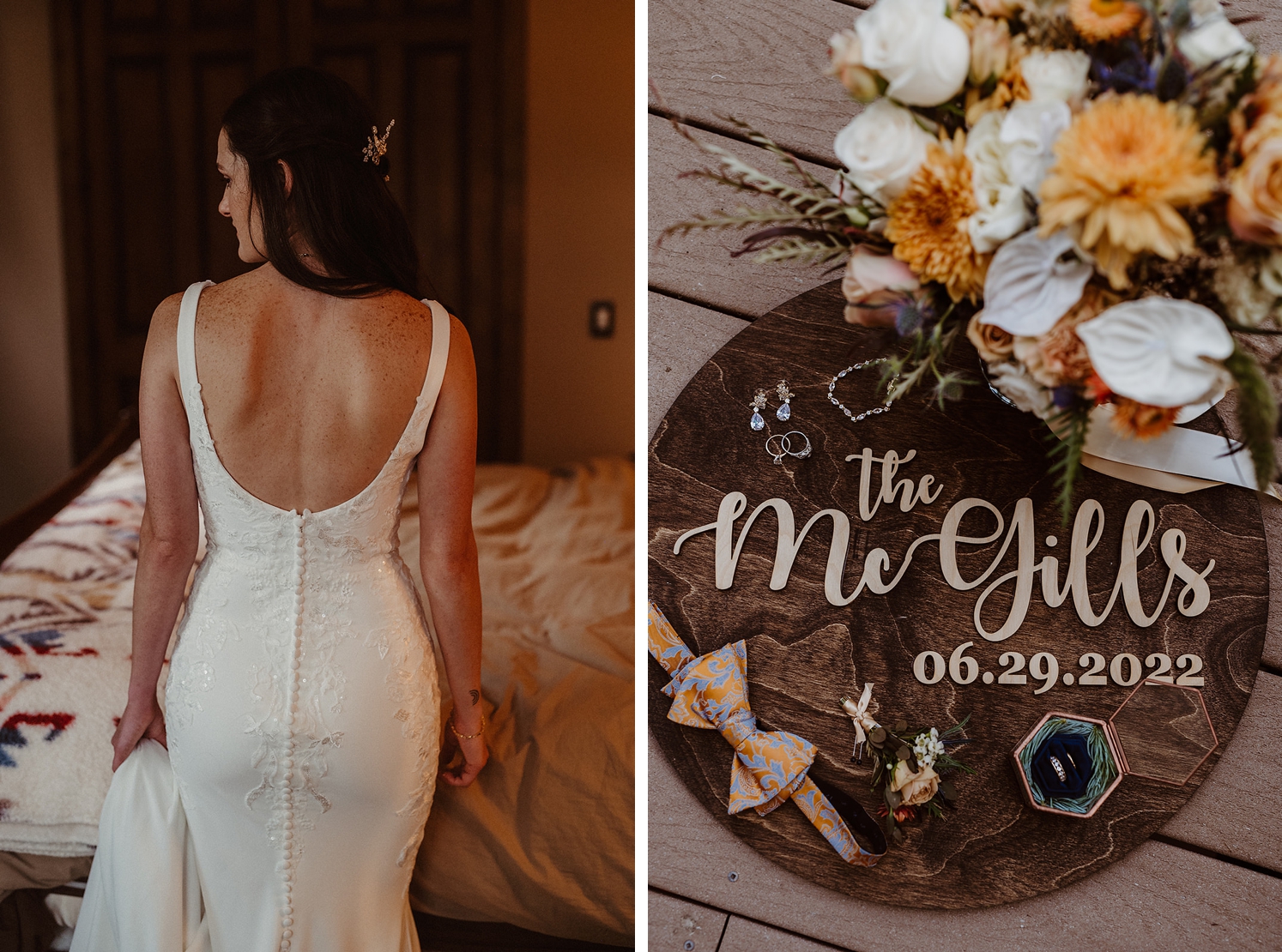 Wedding dress with scooped back | wooden sign with couple's married name and wedding accessories at Colorado Airbnb wedding | McArthur Weddings and Events