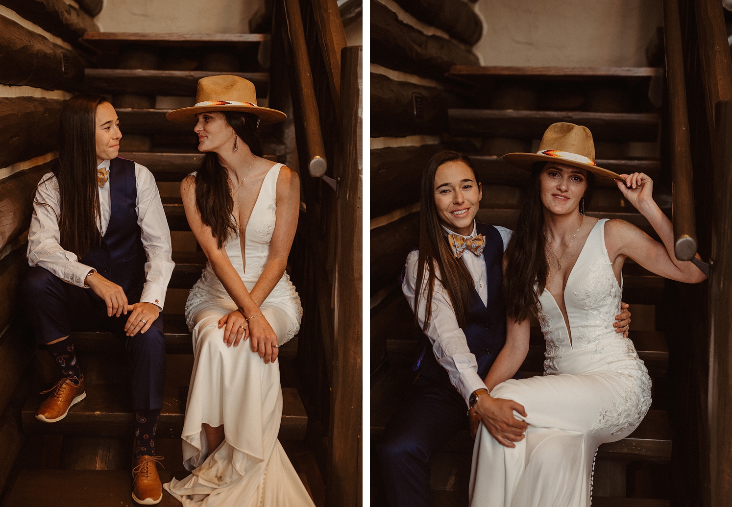 Partners sitting next to each other on stairs during couple's portraits | Partner wearing hat and wedding dress sitting next to partner on stairs during photos at Colorado Airbnb Wedding | McArthur Weddings and Events