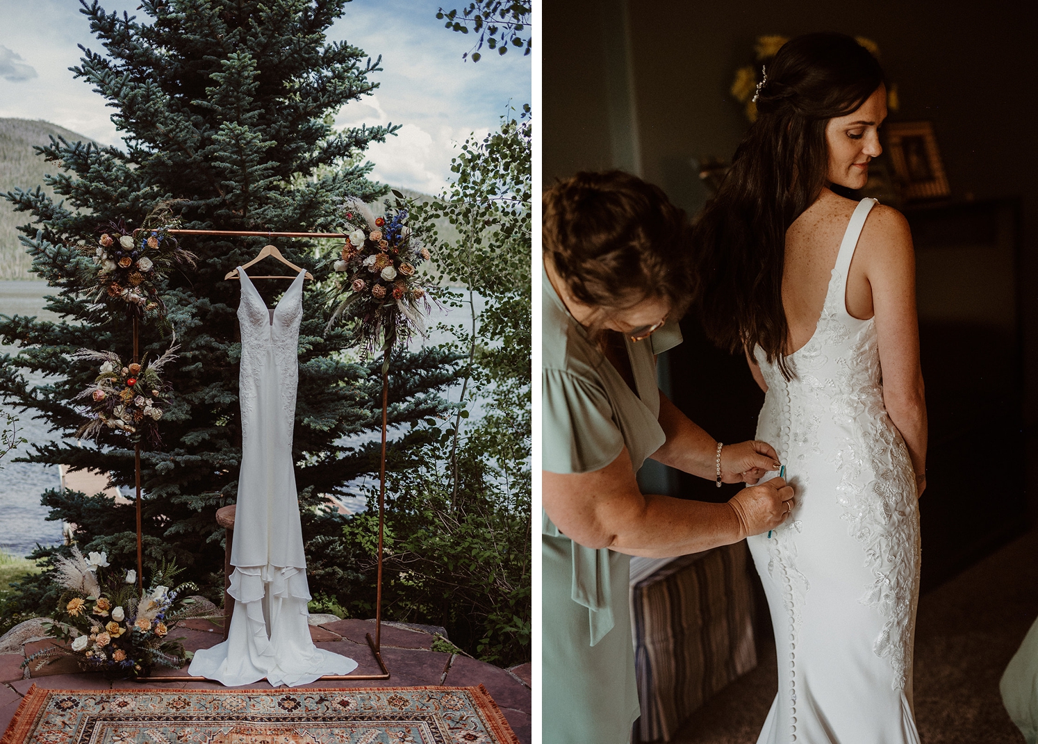 Satin wedding dress with lace details hanging on ceremony arch at Colorado Airbnb Wedding | Bride being zipped into dress by mom | McArthur Weddings and Events