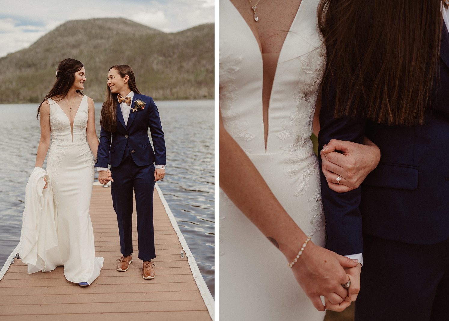 Partners walking down dock holding hands at Colorado Airbnb wedding | Partner holding partner's hand and arm before Colorado Airbnb wedding ceremony | McArthur Weddings and Events