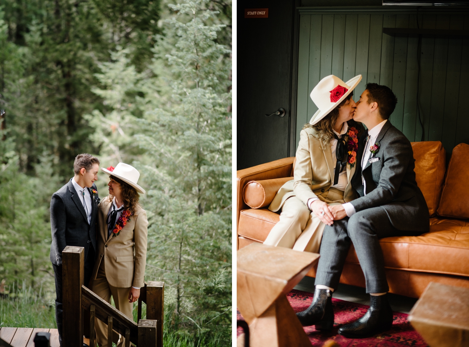 Couple looking at each other while standing on deck of Juniper Mountain House | couple sitting on couch and kissing at LBGTQ wedding | McArthur Weddings and Events