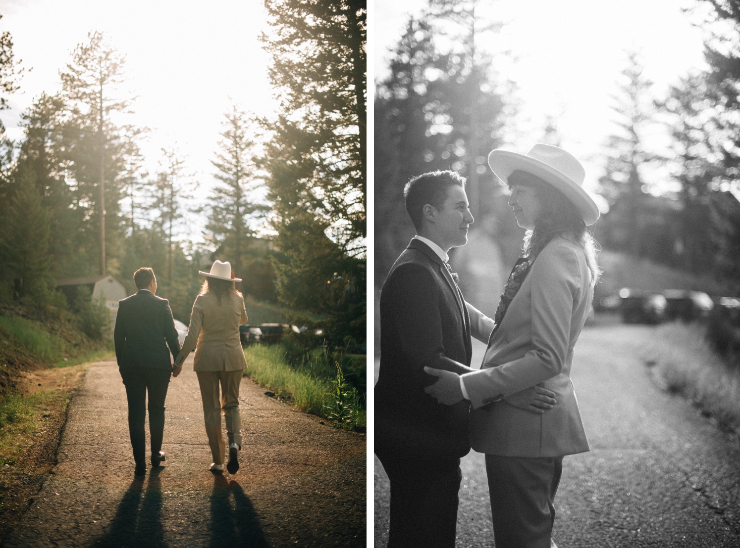 Couple holding hands and walking into sunset at Juniper Mountain House | Couple standing in the middle of a road and looking at each other after wedding ceremony | McArthur Weddings and Events