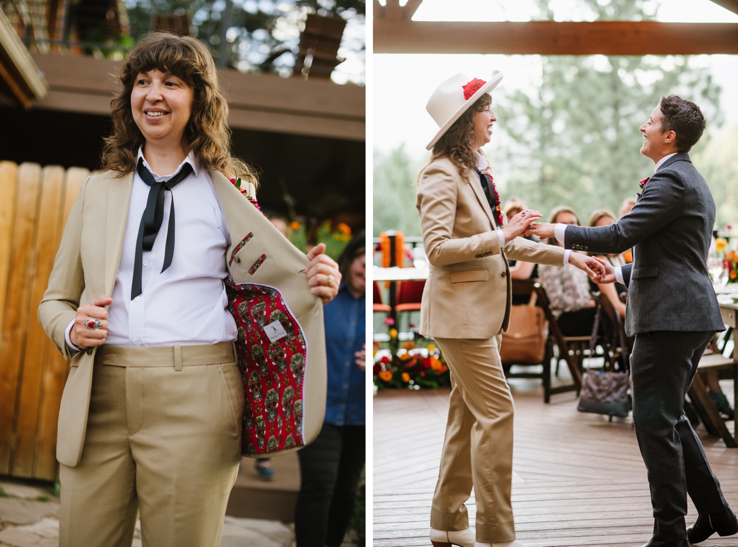 Partner showing off the inside of suit jacket lined with skulls | couple's first dance at LGBTQ wedding at Juniper Mountain House | McArthur Weddings and Events