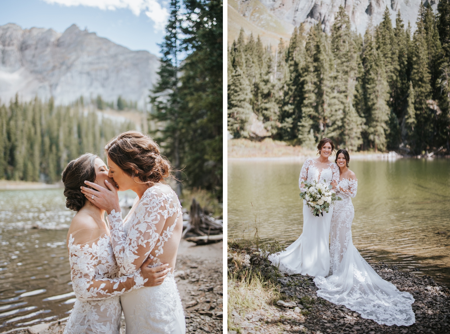 Brides kissing in front of mountains and lake at Telluride wedding | brides standing next to lake after wedding ceremony | McArthur Weddings and Events