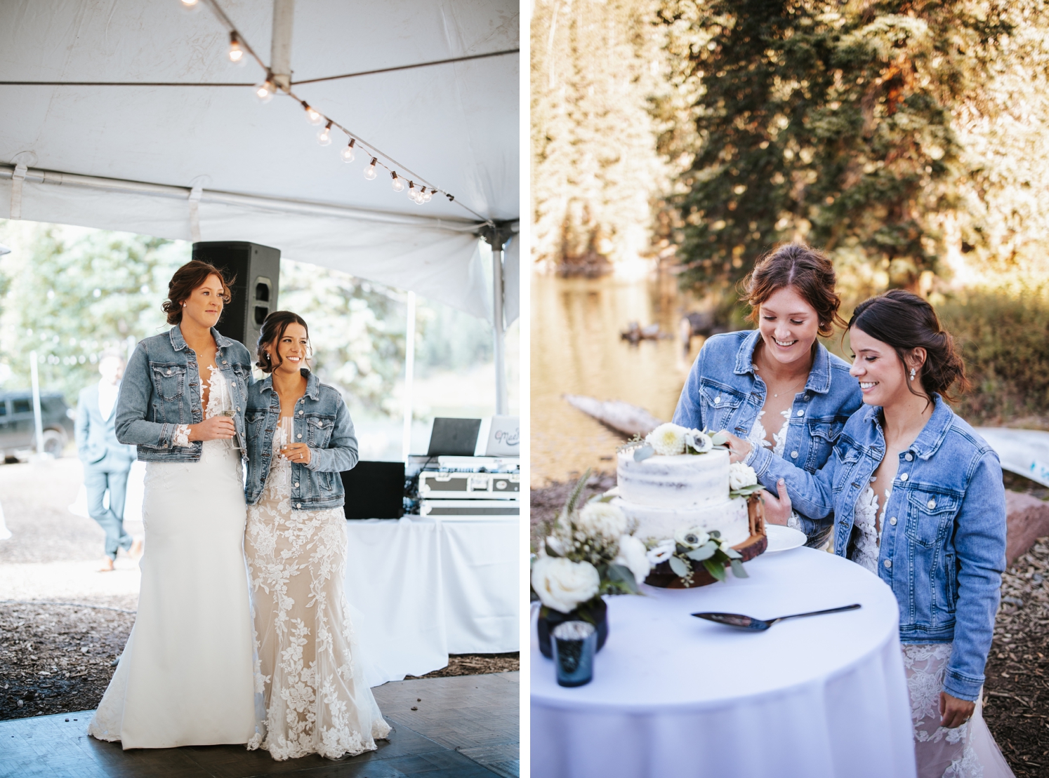 Brides standing next to each other during wedding toasts | brides cutting wedding cake at Telluride wedding | McArthur Weddings and Events