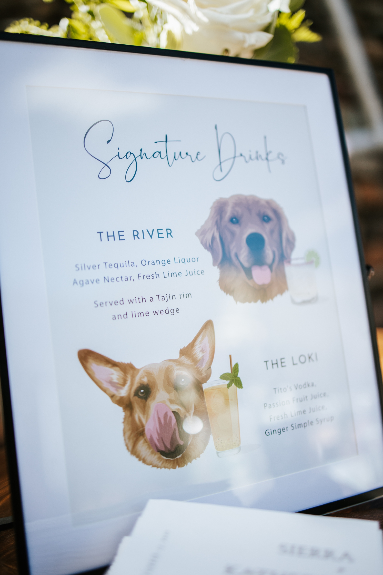 Signature drinks named after dogs at wedding reception | McArthur Weddings and Events