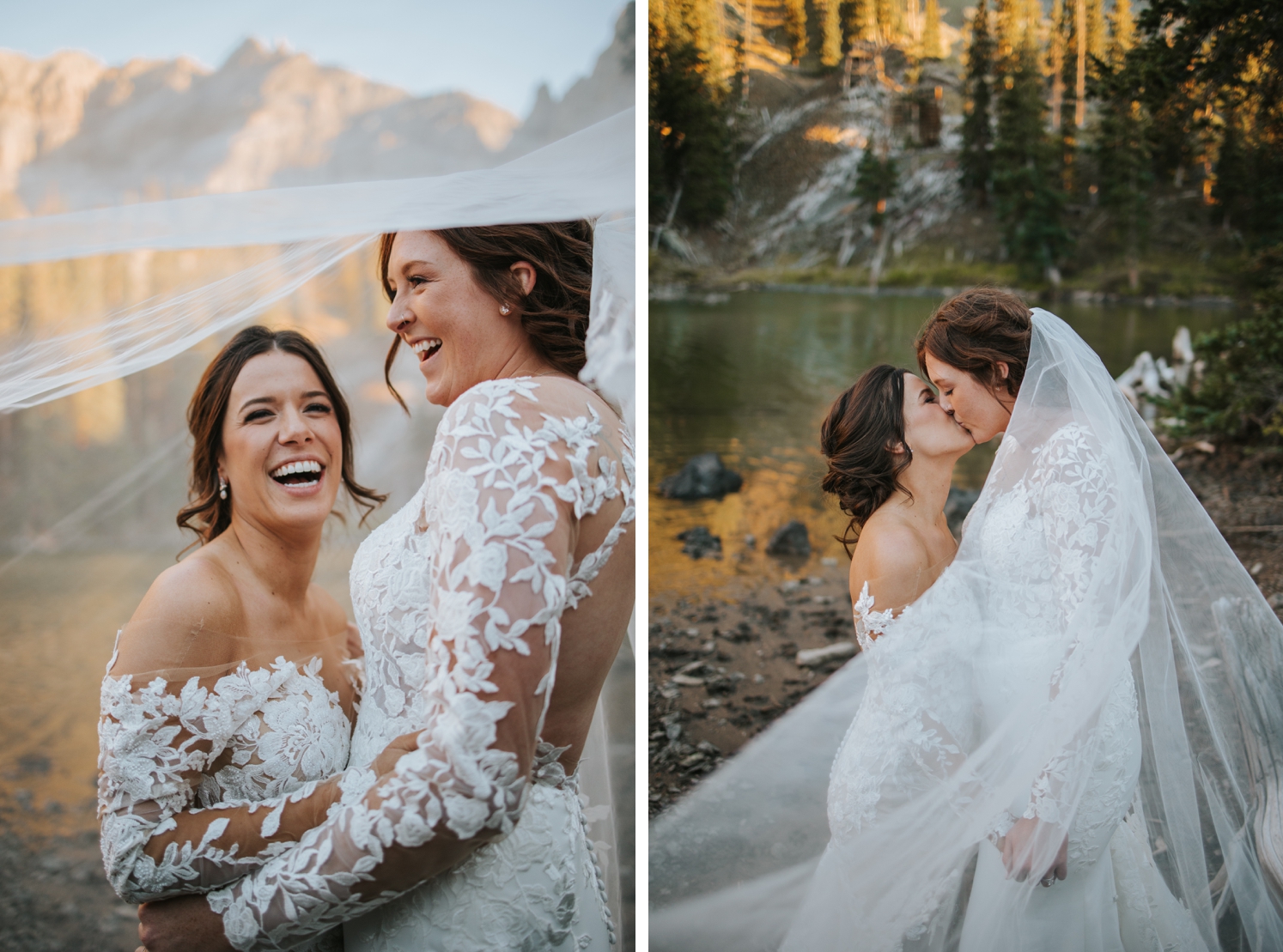 Brides standing under veil and laughing at Telluride wedding | brides kissing lakeside at Telluride wedding | McArthur Weddings and Events