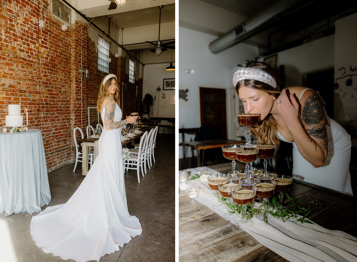 Bride holding espresso martini looking over her shoulder | bride drinking of top of espresso martini tower | McArthur Weddings and Events