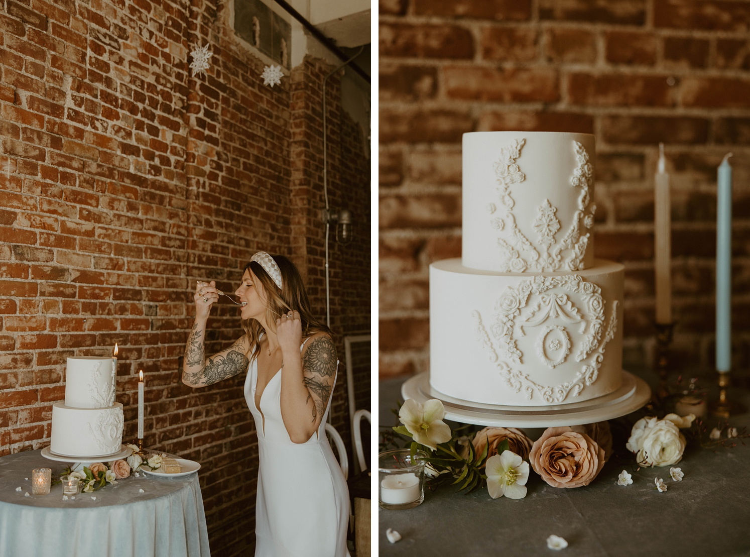 Bride eating wedding cake | two tier white wedding cake with ornate details | McArthur Weddings and Events