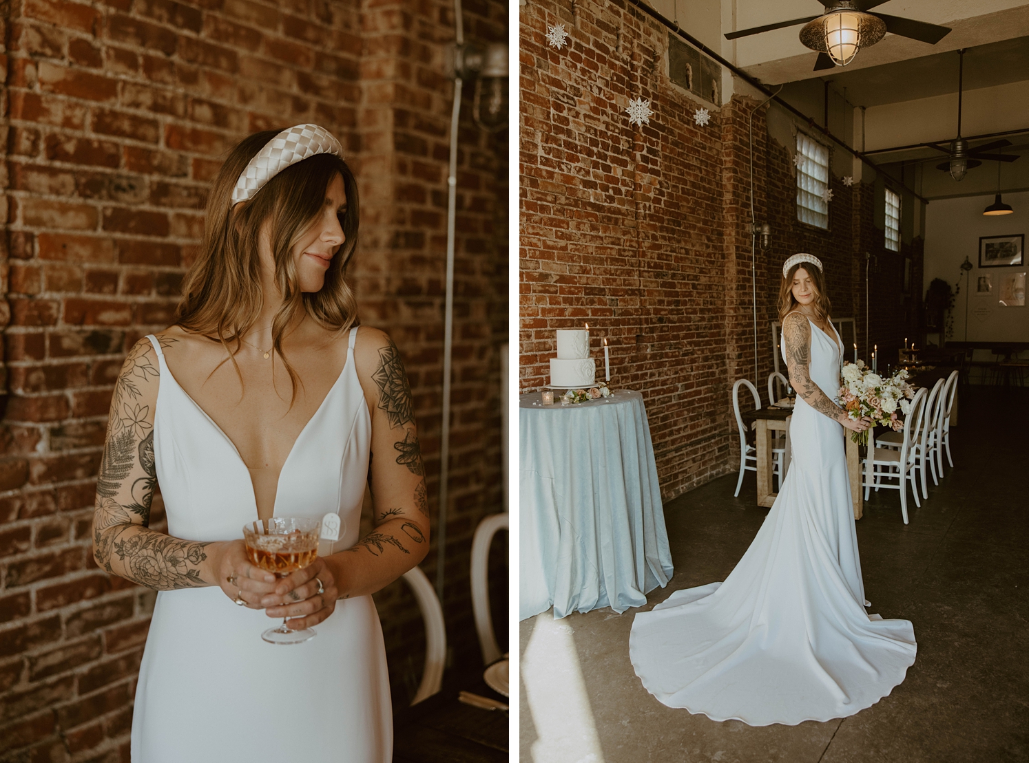 Bride looking down while holding glass of champagne | bride looking over shoulder with train spread out behind her | McArthur Weddings and Events