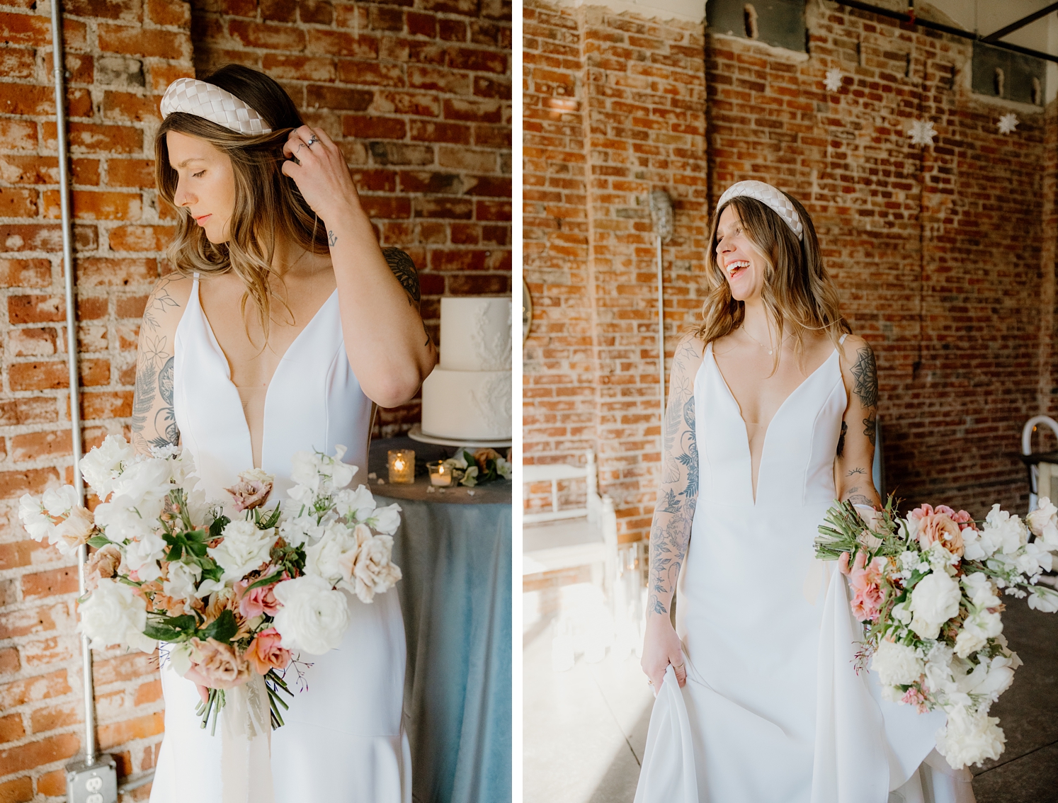 Bride in statement headband holding bouquet | bride holding dress and bouquet and laughing | McArthur Weddings and Events