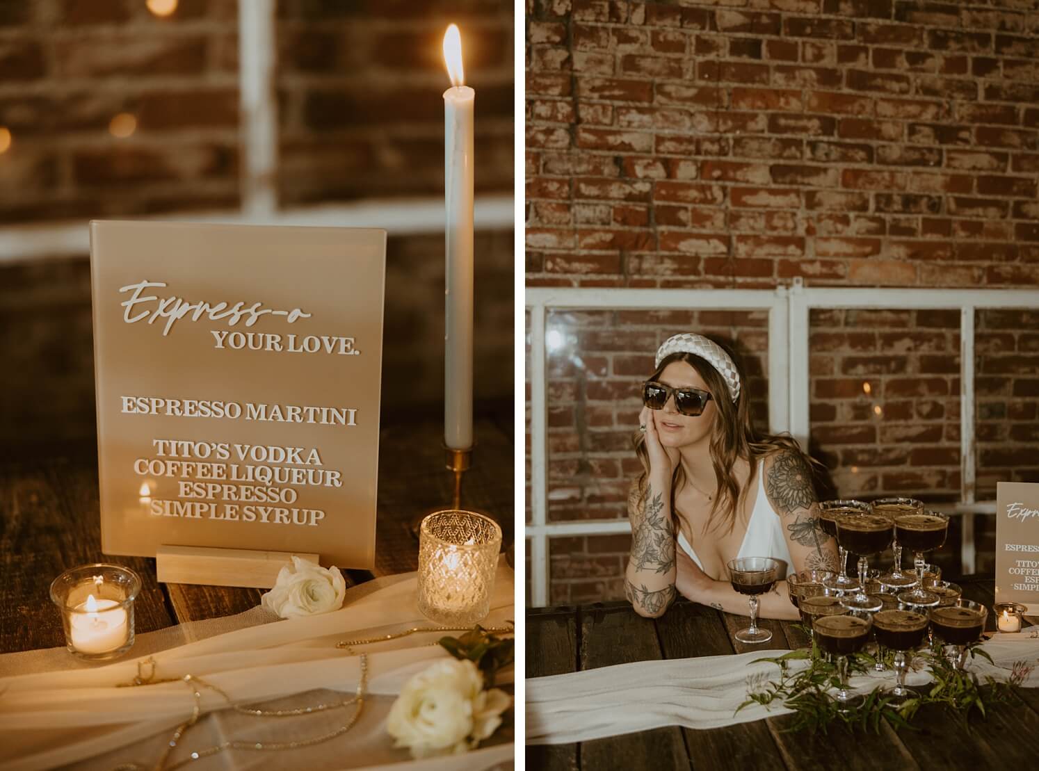 Custom bar signage by McArthur Weddings and Events | bride sitting next to espresso martini tower with sunglasses on | McArthur Weddings and Events