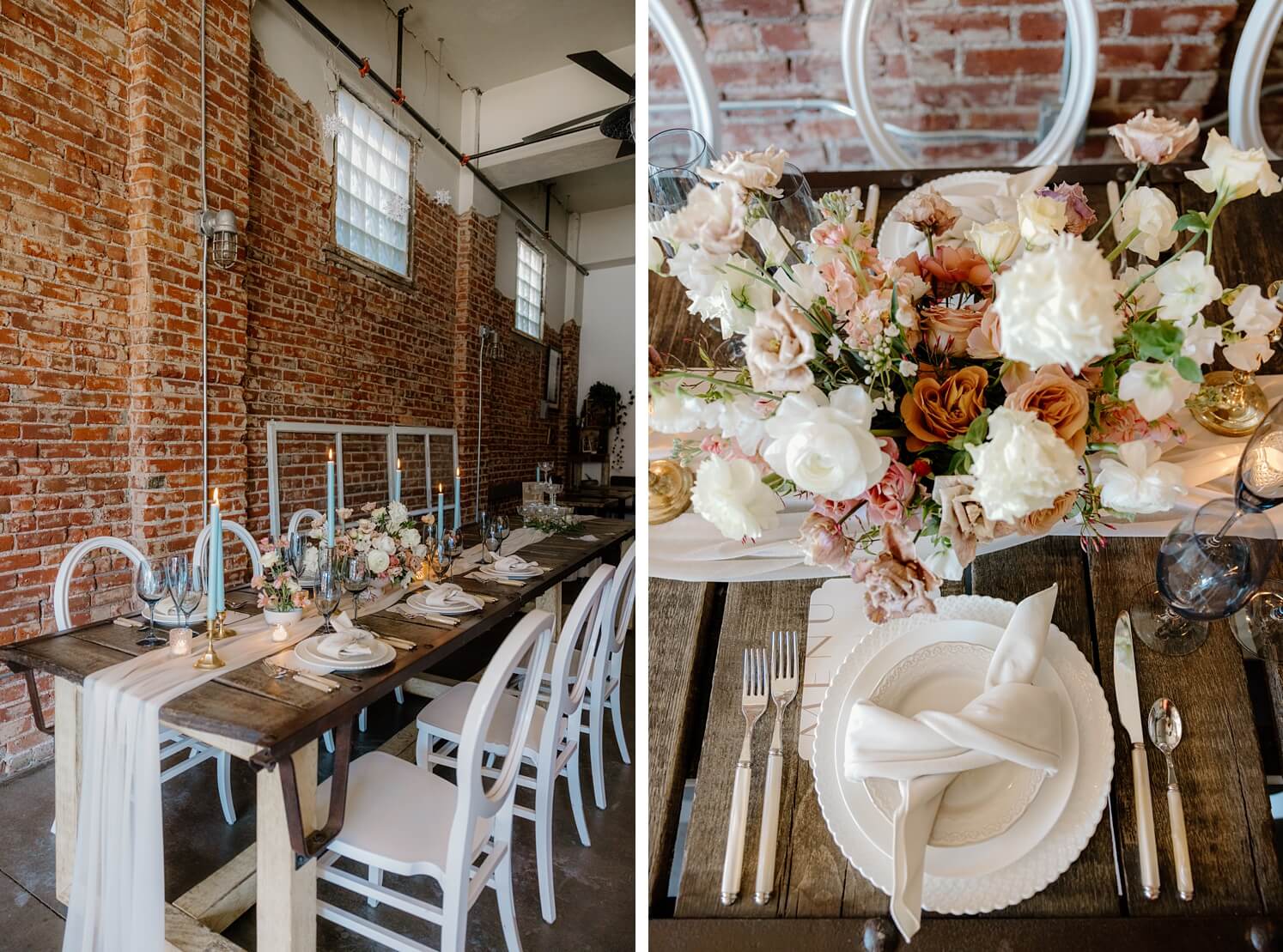 Rustic wooden table with flowers and candles against exposed brick wall at Queensbury Rules Coffee House | flower arrangement in front of white place setting with white menu | McArthur Weddings and Events