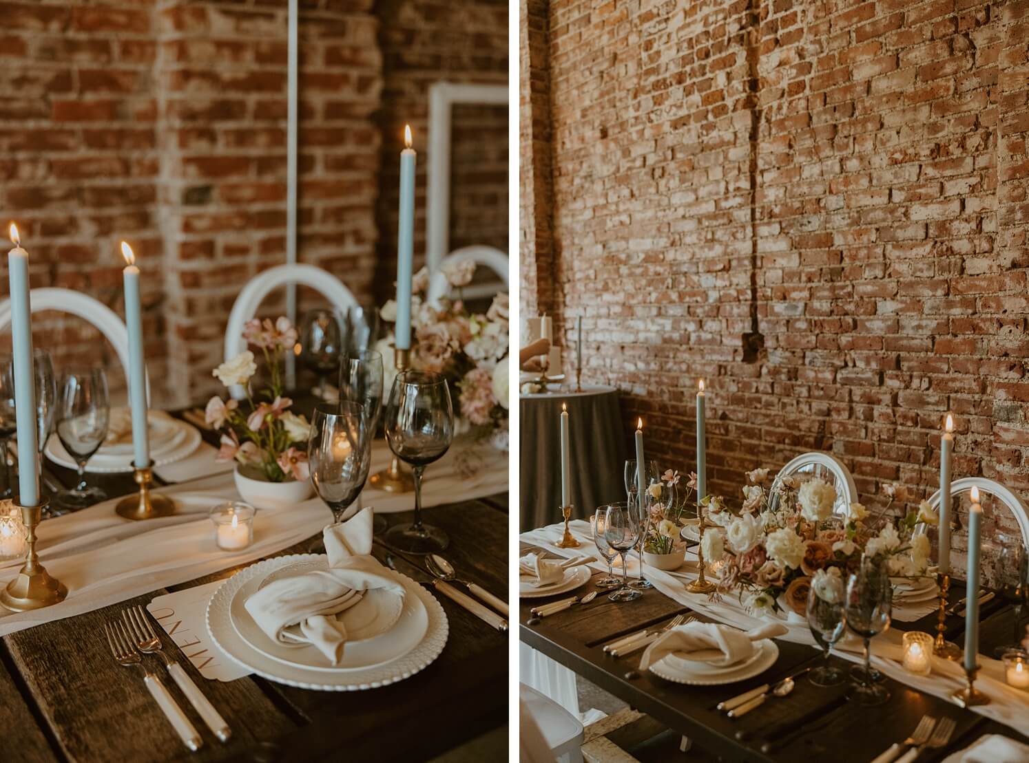 Light pink flowers with pale blue candles and white place settings | Romantic wedding table decor against brick wall | McArthur Weddings and Events