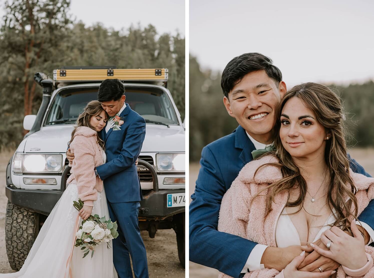 Bride wearing pink jacket over dress and standing with groom in front of 4Runner | groom standing behind bride with his arms around her | McArthur Weddings and Events