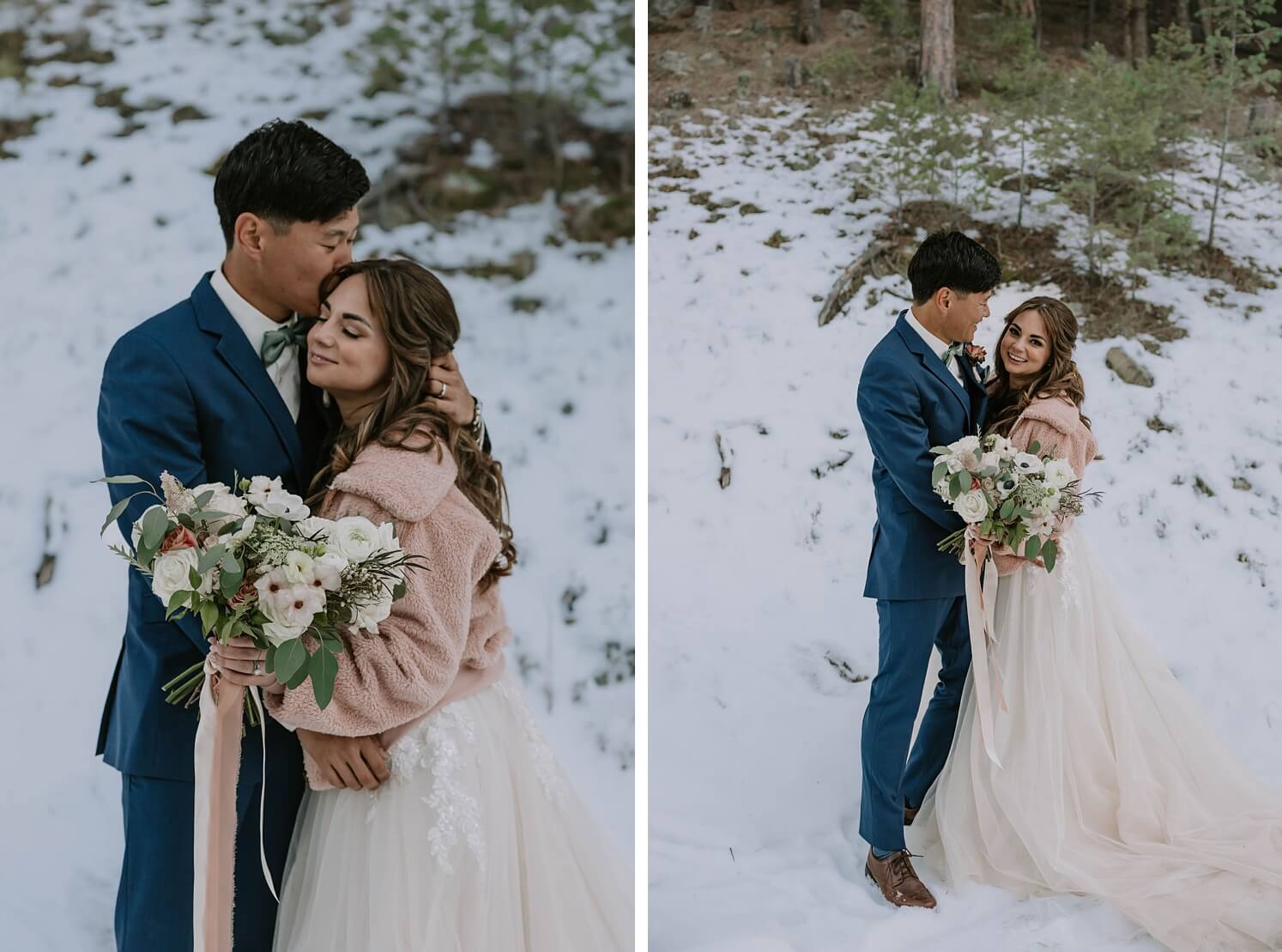 Bride wearing pink jacket and holding bouquet with her eyes closed while groom kisses the side of her head | bride and groom standing in snow after Colorado elopement | McArthur Weddings and Events